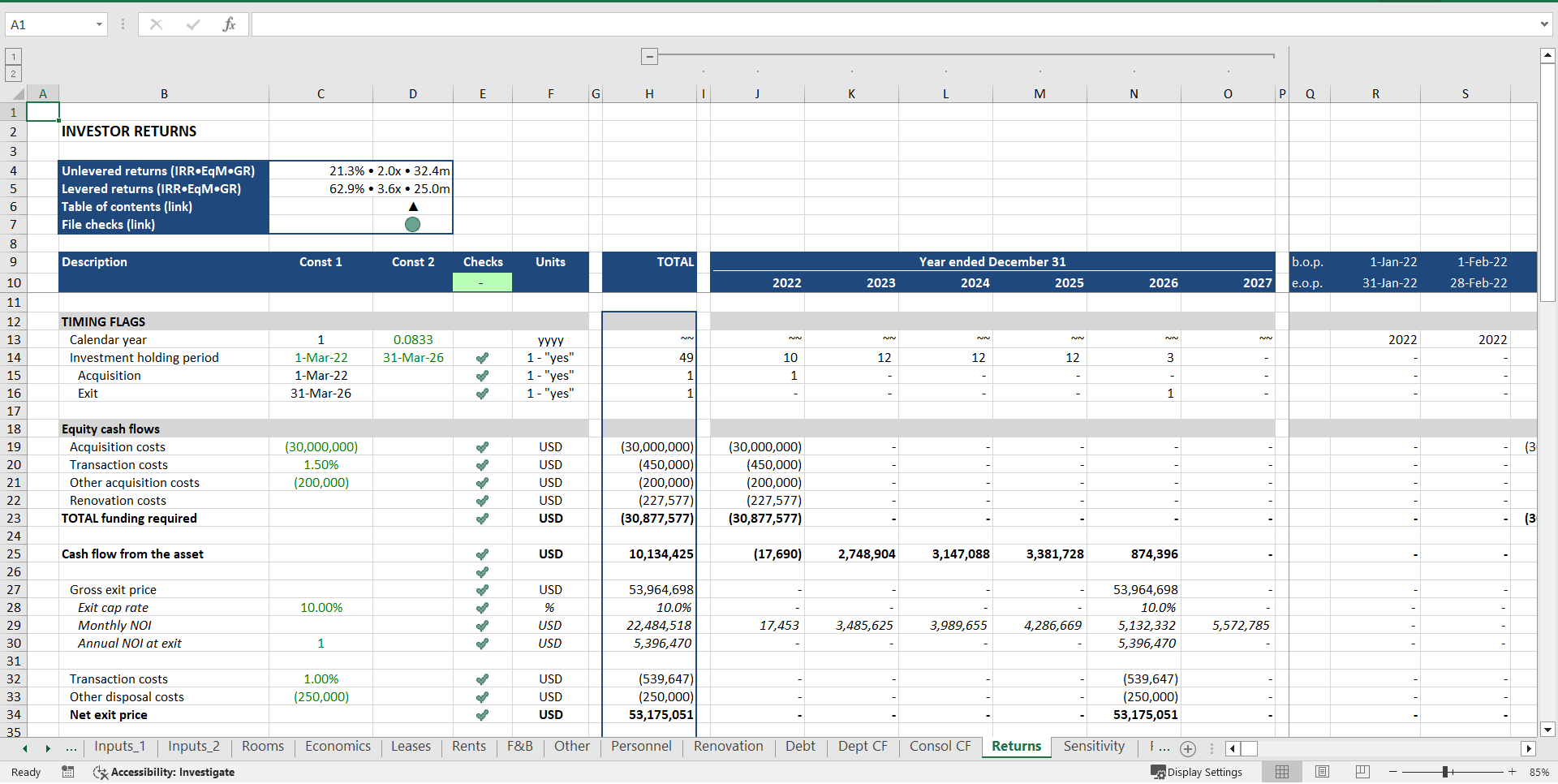 Hotel Acquisition ("Buy-Hold-Sell") Financial Model (Excel template (XLSX)) Preview Image