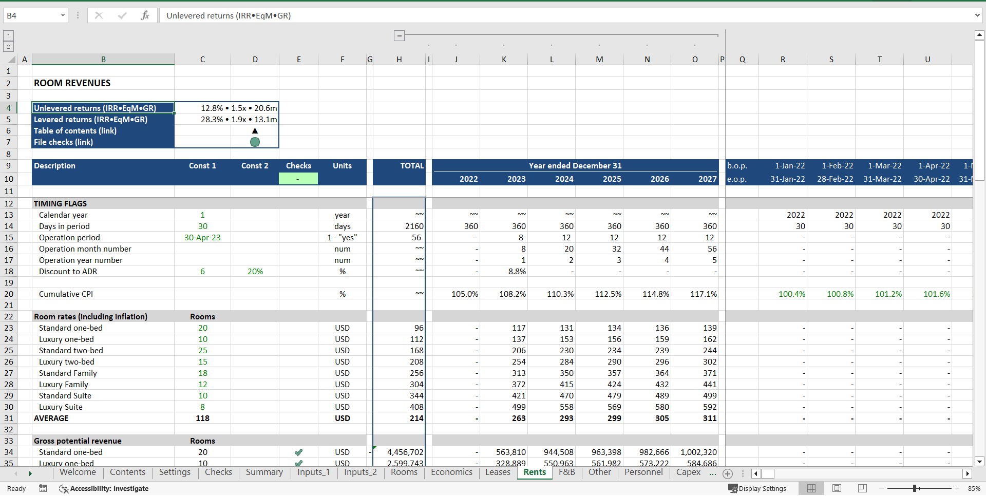 Hotel Development ("Build-Hold-Sell") Financial Model (Excel template (XLSX)) Preview Image