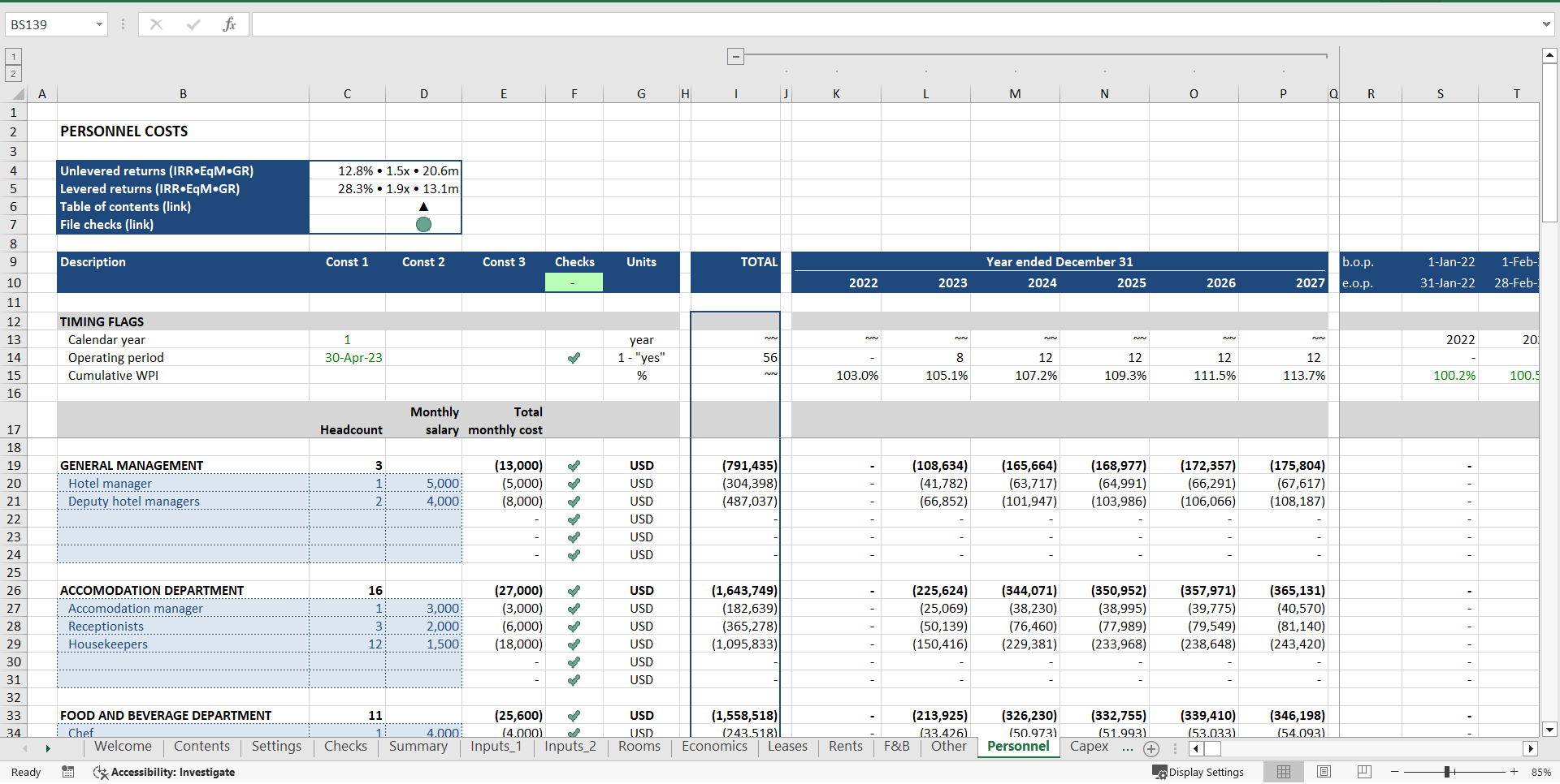 Hotel Development ("Build-Hold-Sell") Financial Model (Excel template (XLSX)) Preview Image