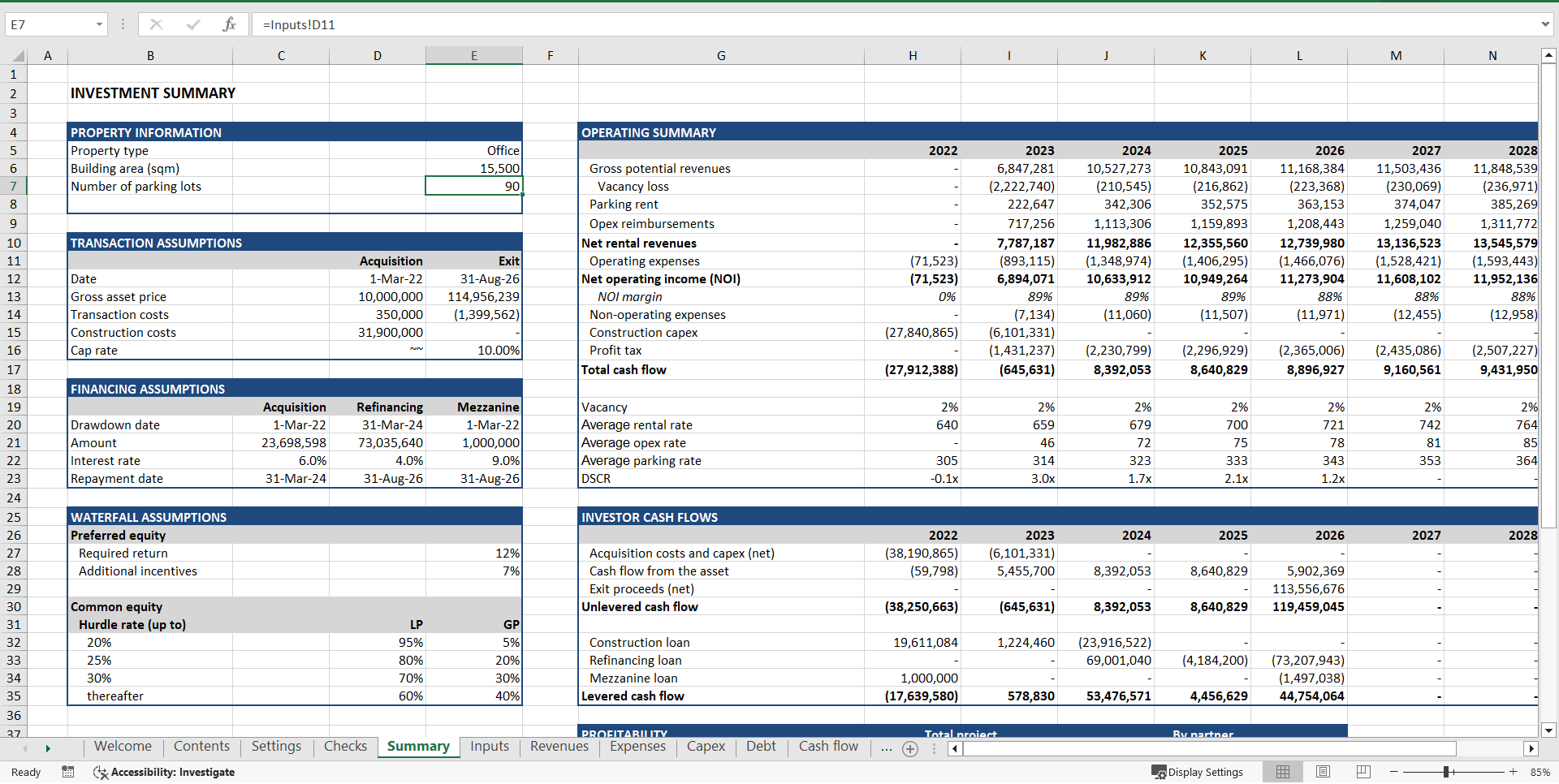 Office Development ("Build-Hold-Sell") Financial Model (Excel template (XLSX)) Preview Image