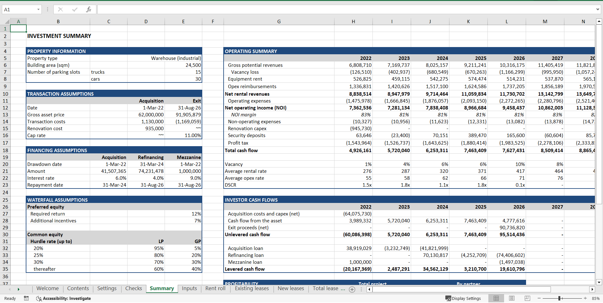 Warehouse Acquisition ("Buy-Hold-Sell") Financial Model (Excel template (XLSX)) Preview Image