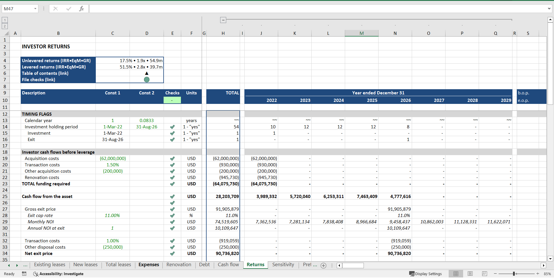 Warehouse Acquisition ("Buy-Hold-Sell") Financial Model (Excel template (XLSX)) Preview Image