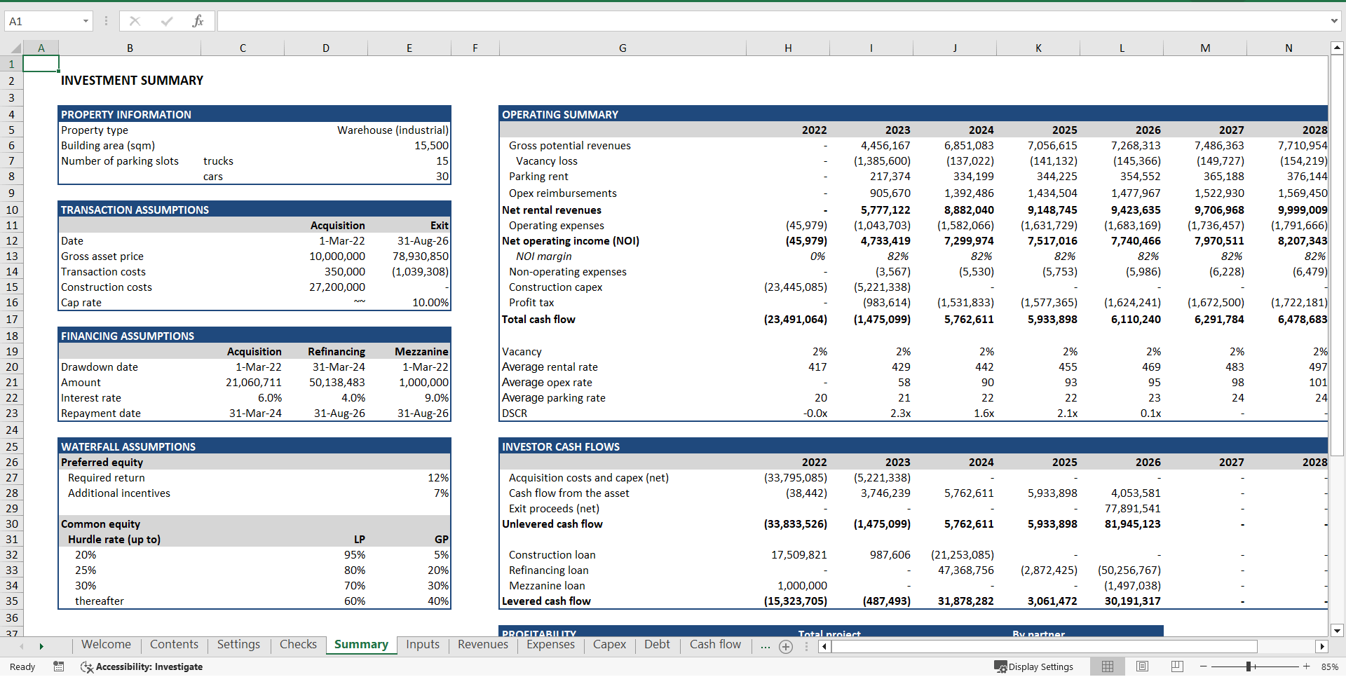 Warehouse Development ("Build-Hold-Sell") Financial Model (Excel template (XLSX)) Preview Image