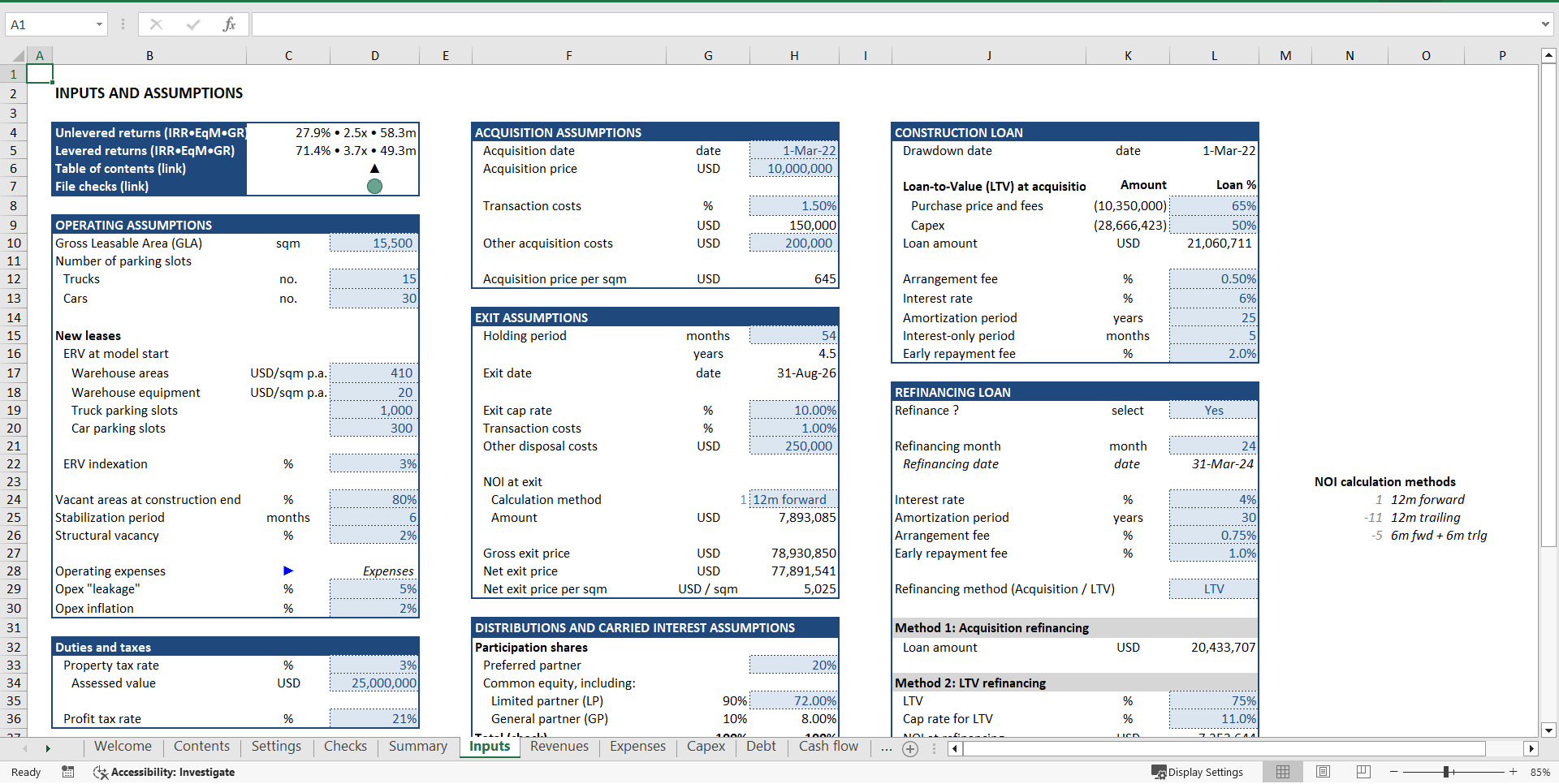 Warehouse Development ("Build-Hold-Sell") Financial Model (Excel template (XLSX)) Preview Image