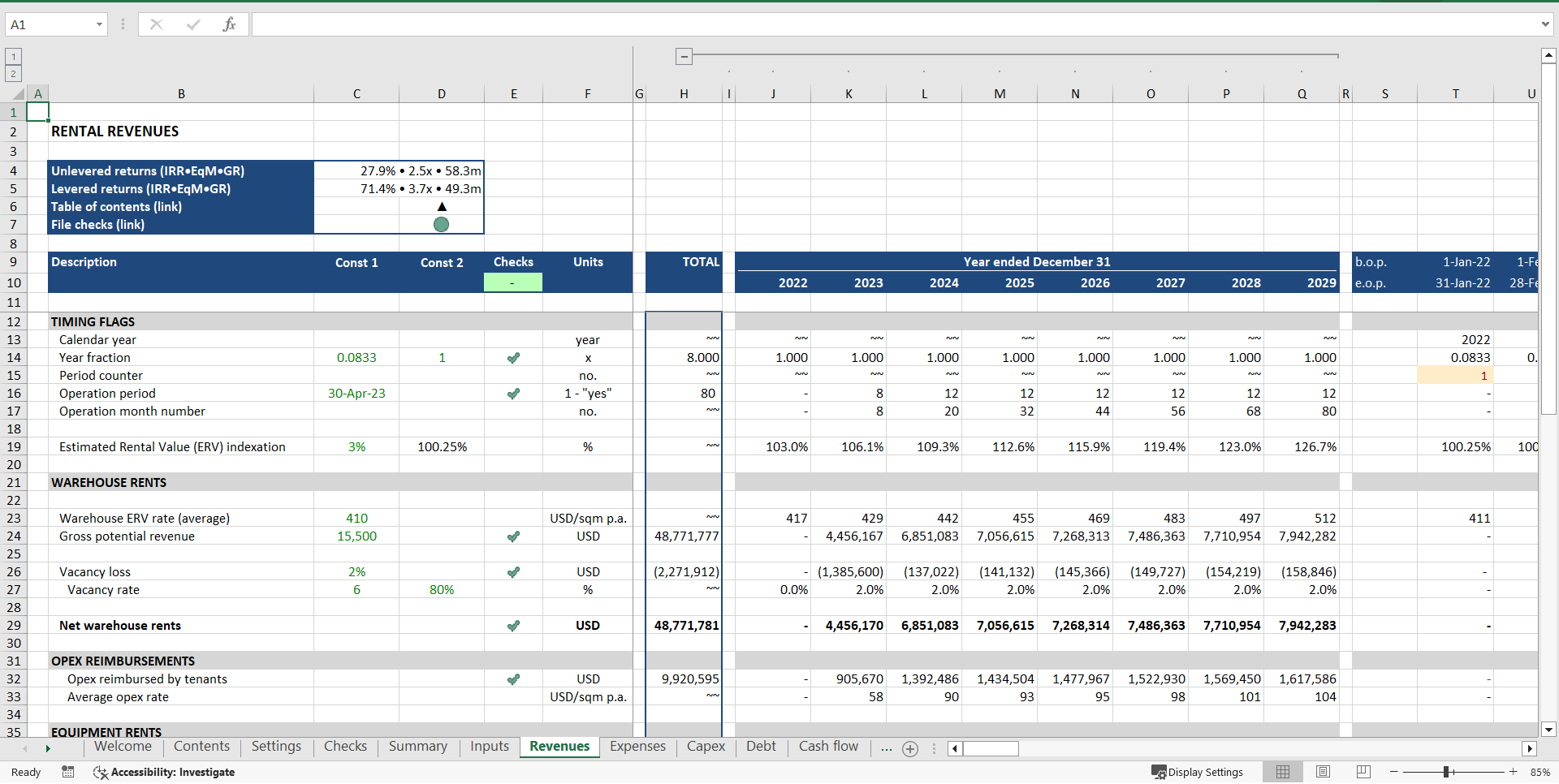 Warehouse Development ("Build-Hold-Sell") Financial Model (Excel template (XLSX)) Preview Image