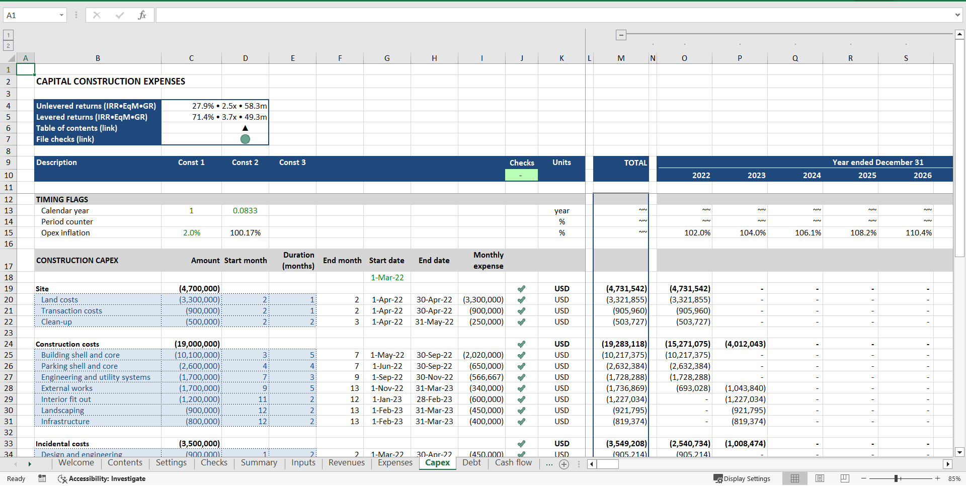 Warehouse Development ("Build-Hold-Sell") Financial Model (Excel template (XLSX)) Preview Image