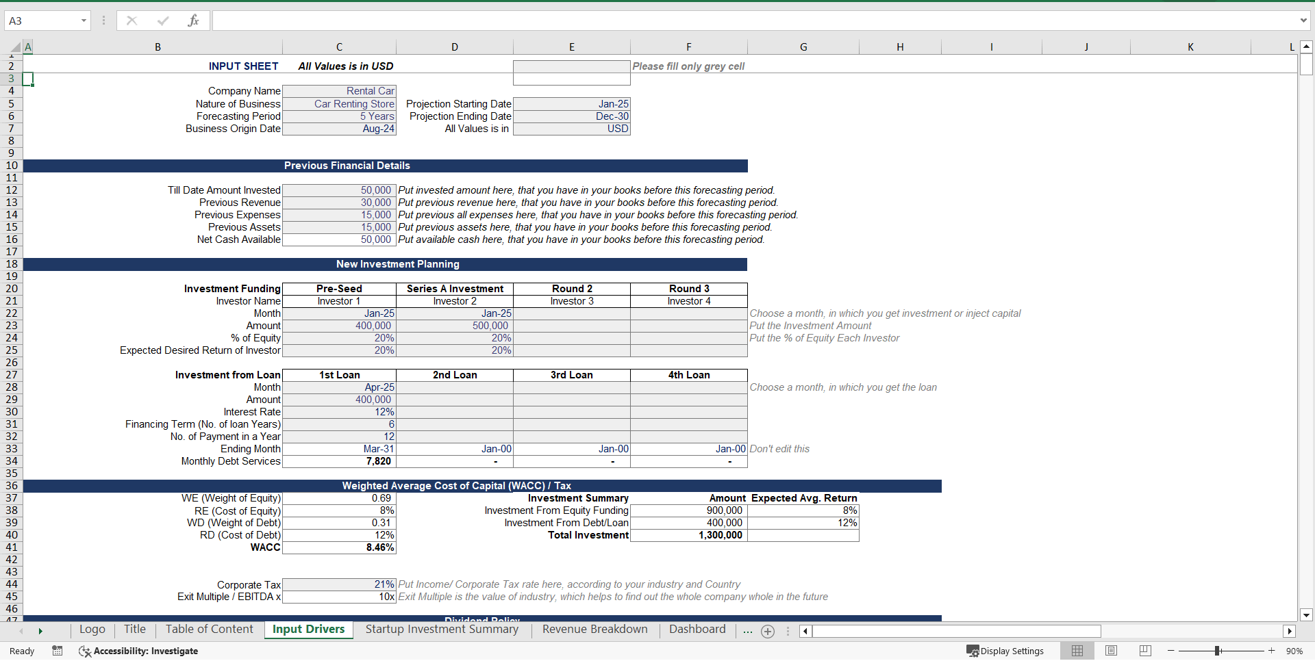 Car Rental Financial Forecasting Model (Excel template (XLSX)) Preview Image