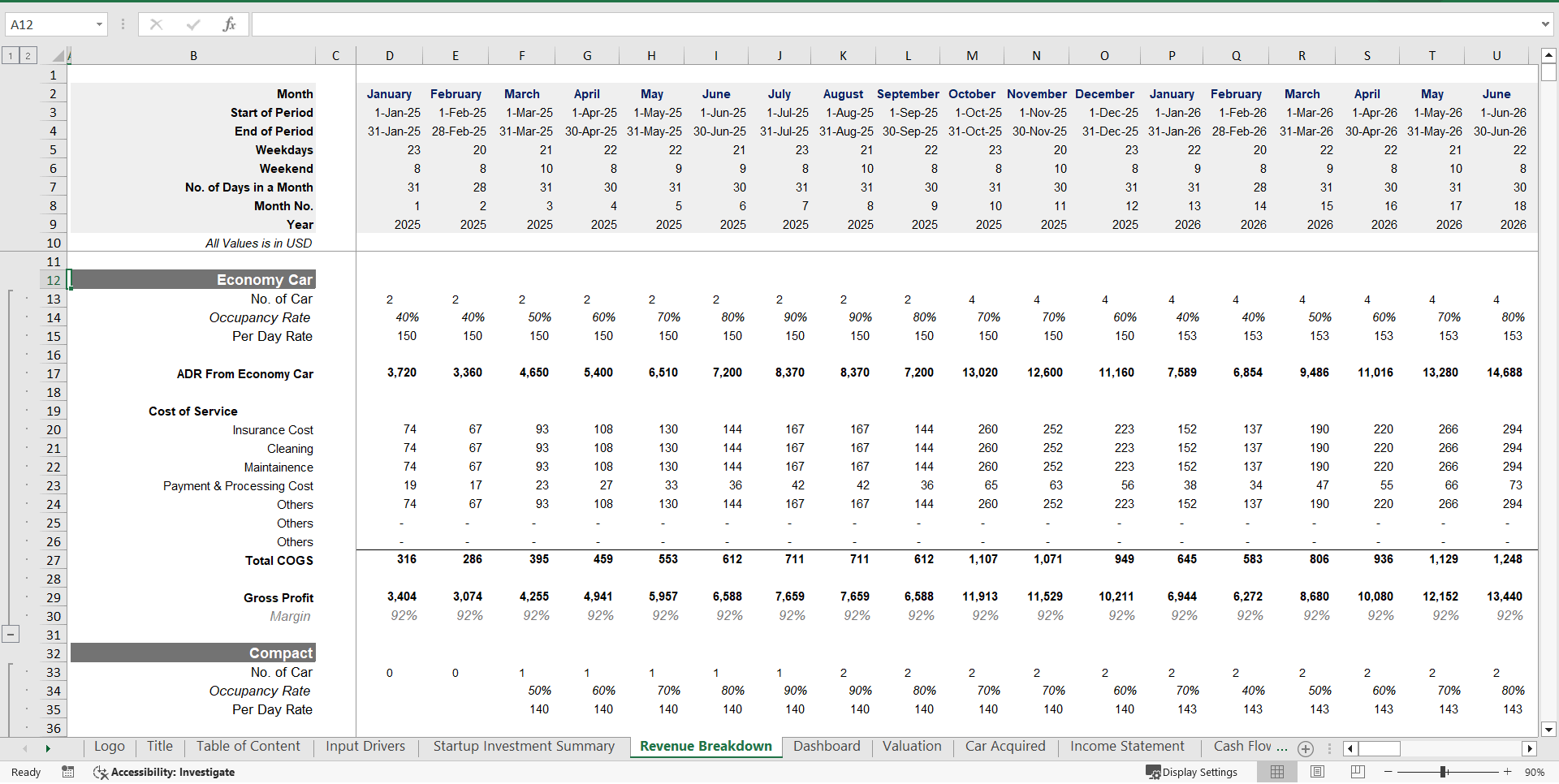 Car Rental Financial Forecasting Model (Excel template (XLSX)) Preview Image