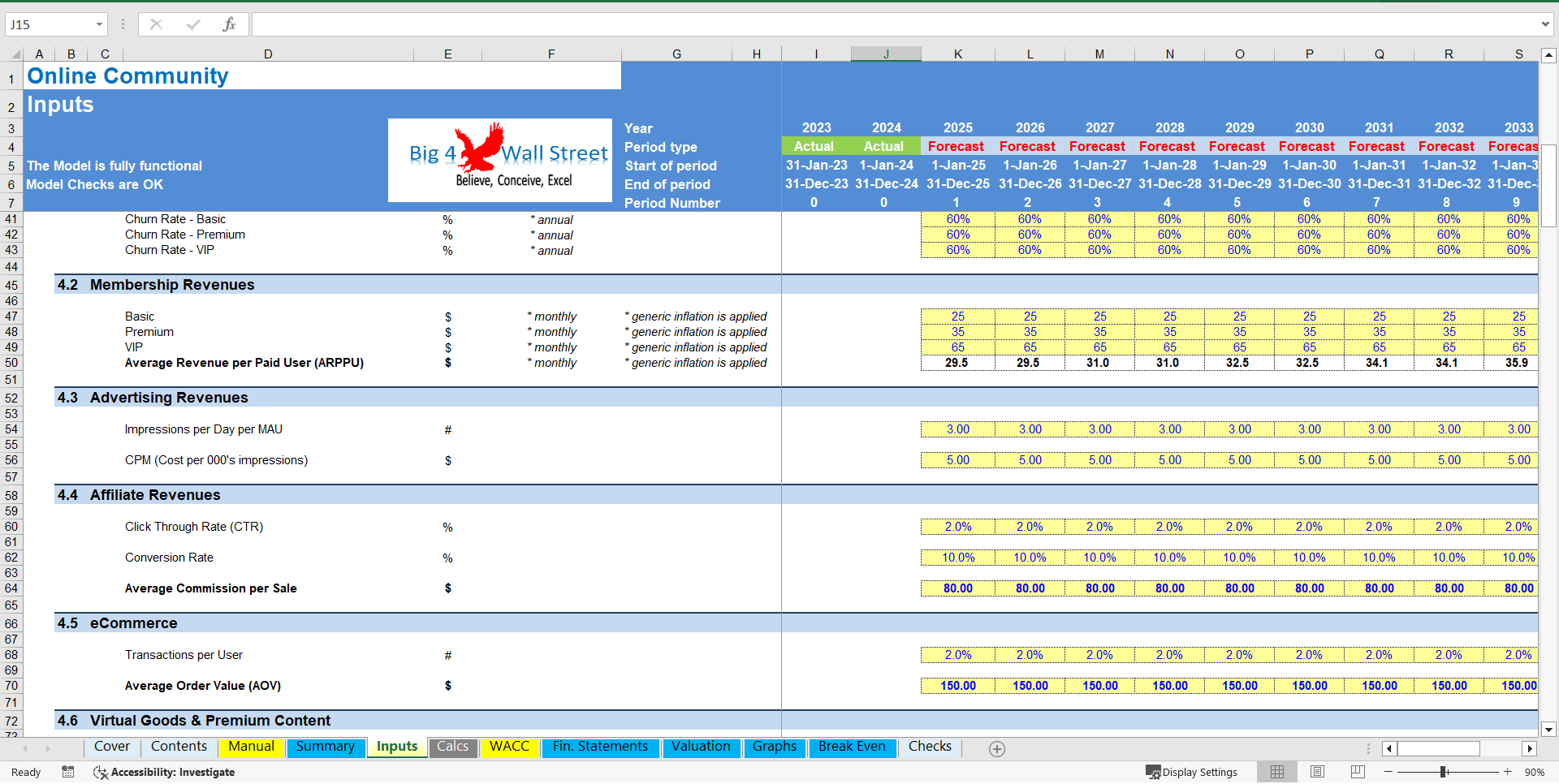 Online Community Business Financial Model (DCF & Valuation) (Excel template (XLSX)) Preview Image