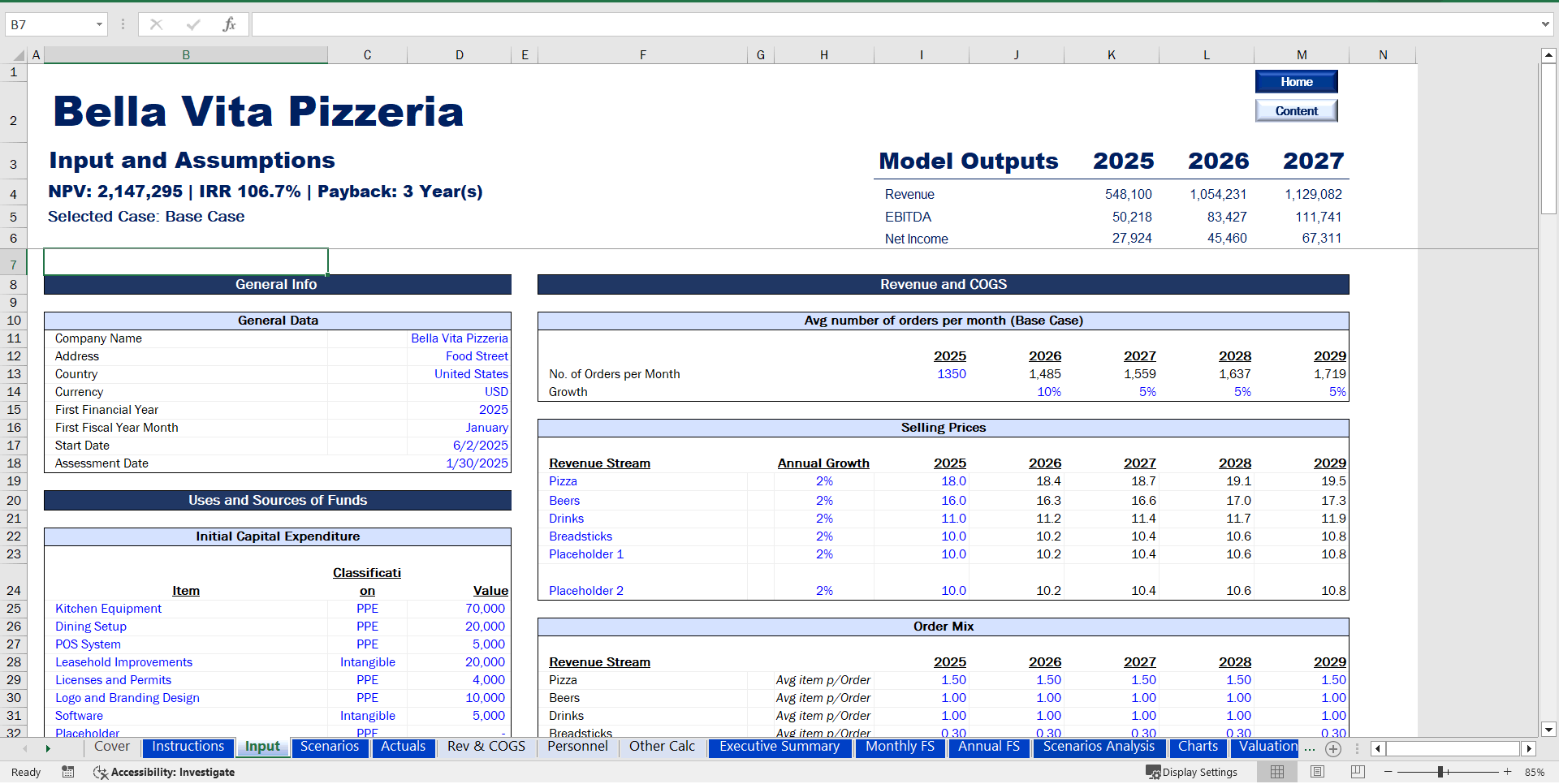 Pizzeria Financial Model (Excel template (XLSX)) Preview Image