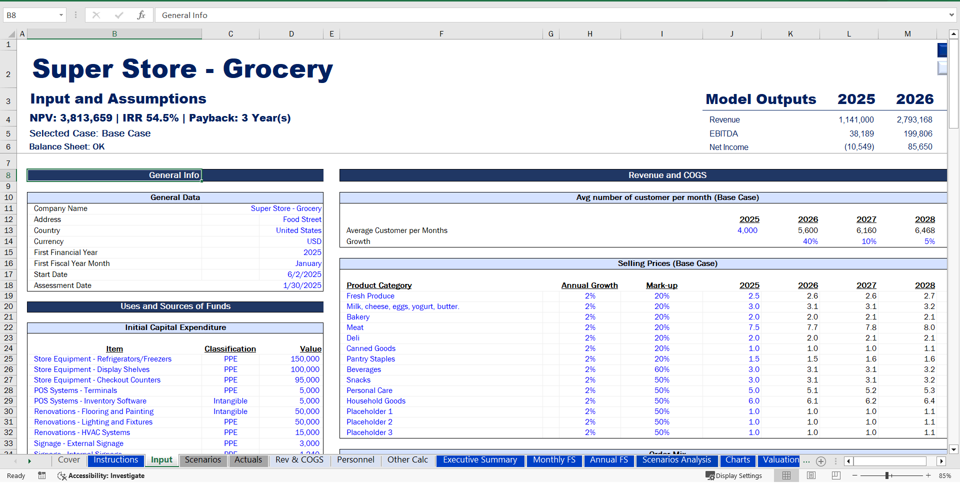 Grocery/Supermarket Financial Model (Excel template (XLSX)) Preview Image