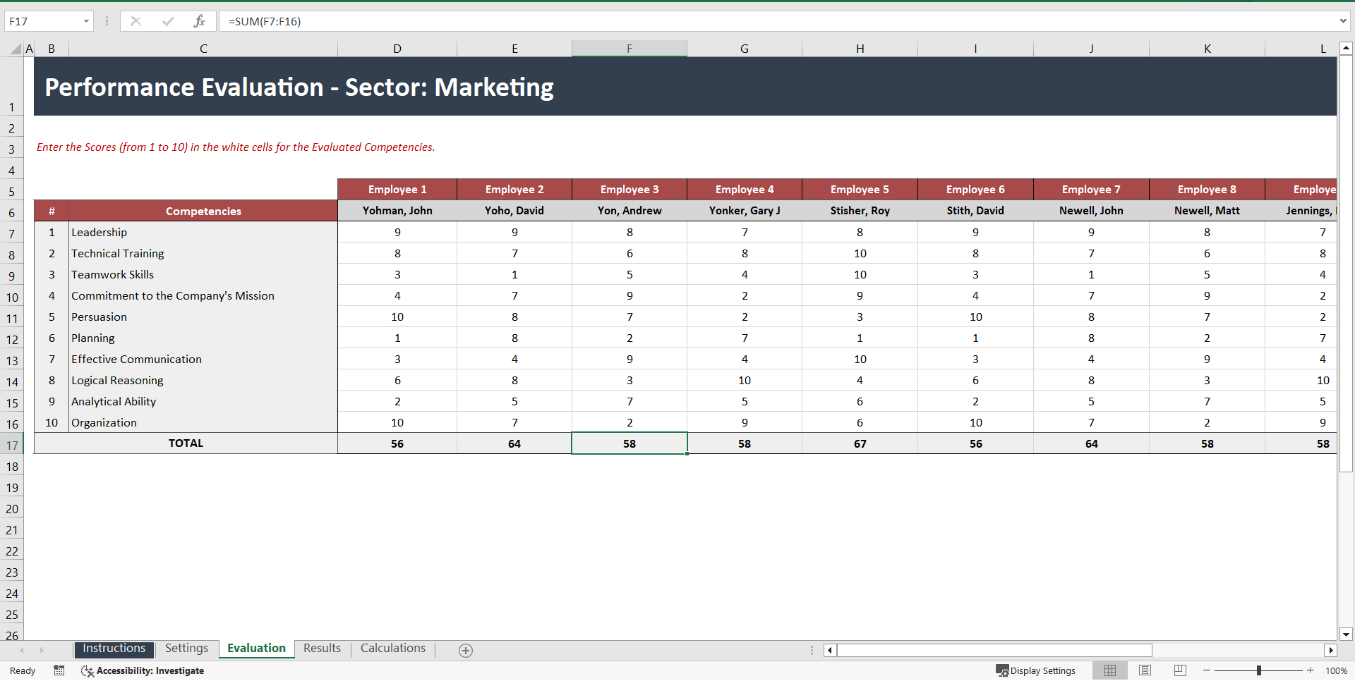 Performance Evaluation by Employee (Excel template (XLSX)) Preview Image