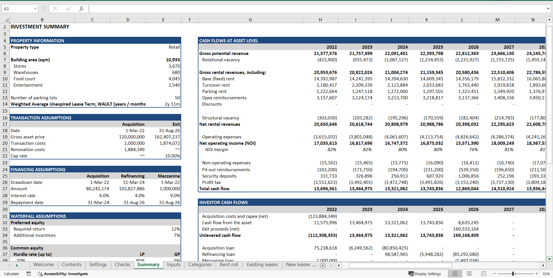 Retail Property Acquisition Financial Model (Excel template (XLSX)) Preview Image