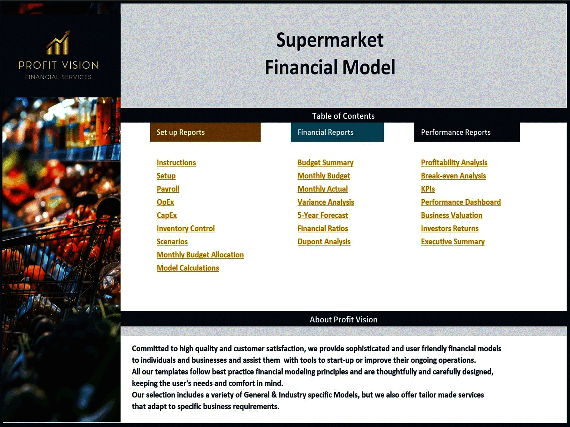 Supermarket – 5 Year Financial Model (Excel template (XLSX)) Preview Image