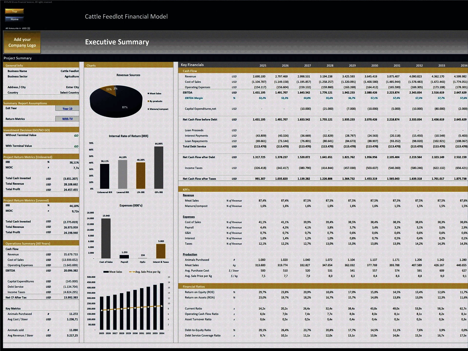 Cattle Feedlot – 10 Year Financial Model (Excel template (XLSX)) Preview Image