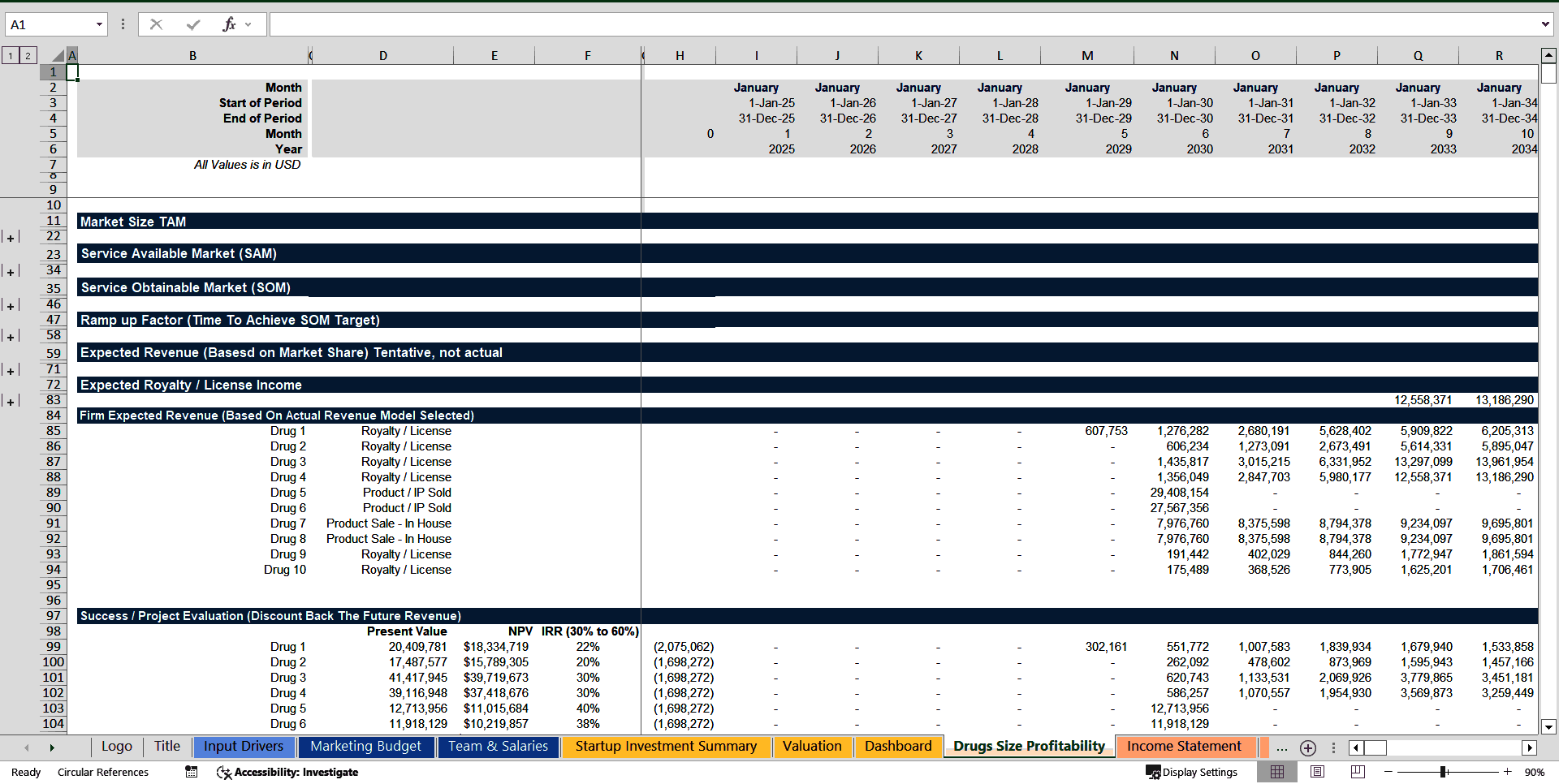 Biotech Financial Model & Valuation (Pharma Financial Model) (Excel template (XLSX)) Preview Image