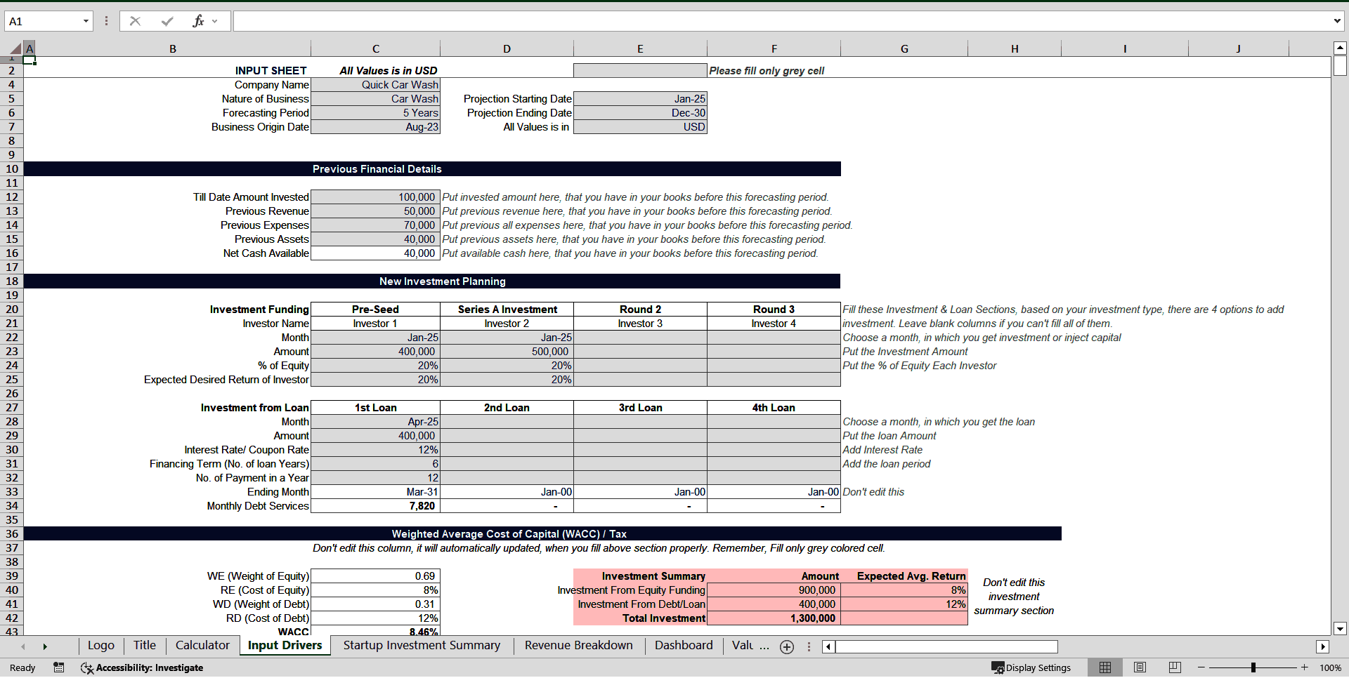 Car Wash Business Financial Projection Model (Excel template (XLSX)) Preview Image