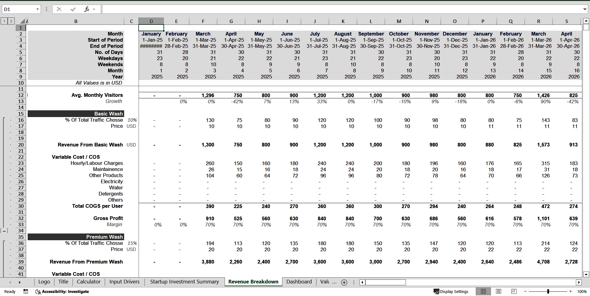 Car Wash Business Financial Projection Model (Excel template (XLSX)) Preview Image