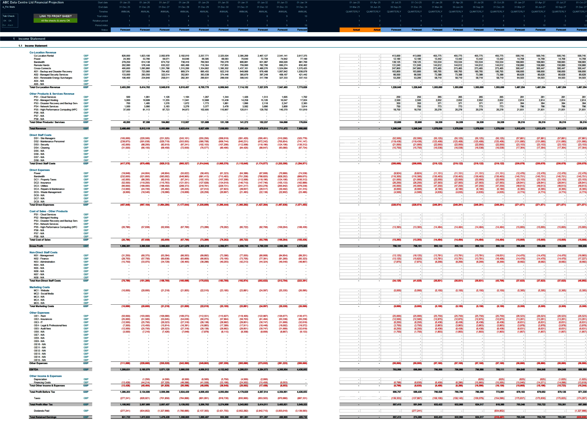 Data Centre Business 10-Year 3 Statement Financial Model (Excel template (XLSX)) Preview Image