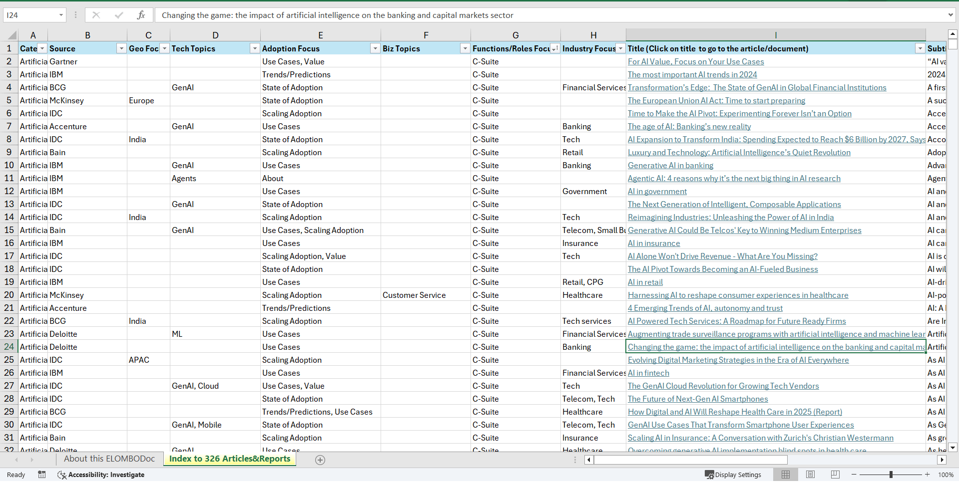 AI/GenAI for CEOs - Links to 326 Articles/Reports (Excel template (XLSX)) Preview Image