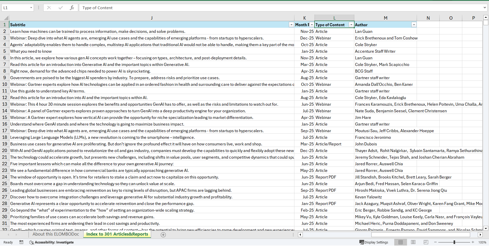 AI/GenAI for CMOs - Links to 301 Articles/Reports (Excel template (XLSX)) Preview Image