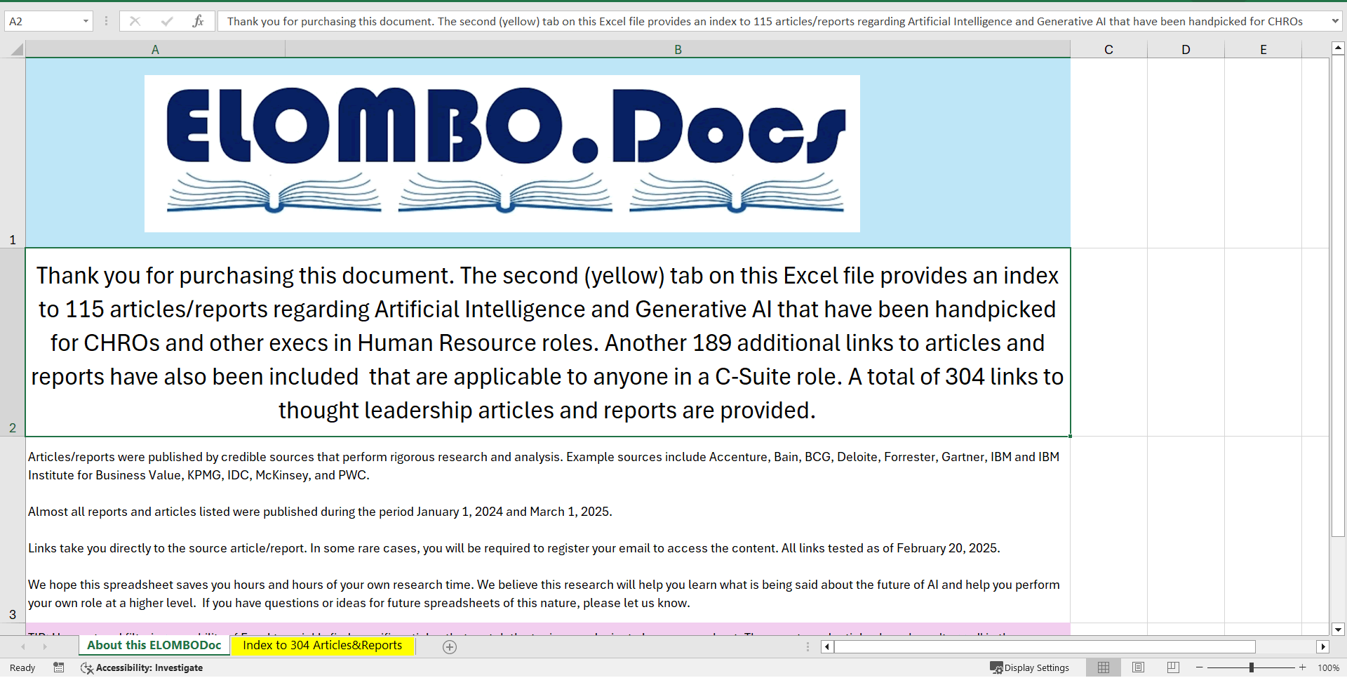 AI/GenAI for HR execs - Links to 304 Articles/Reports (Excel template (XLSX)) Preview Image