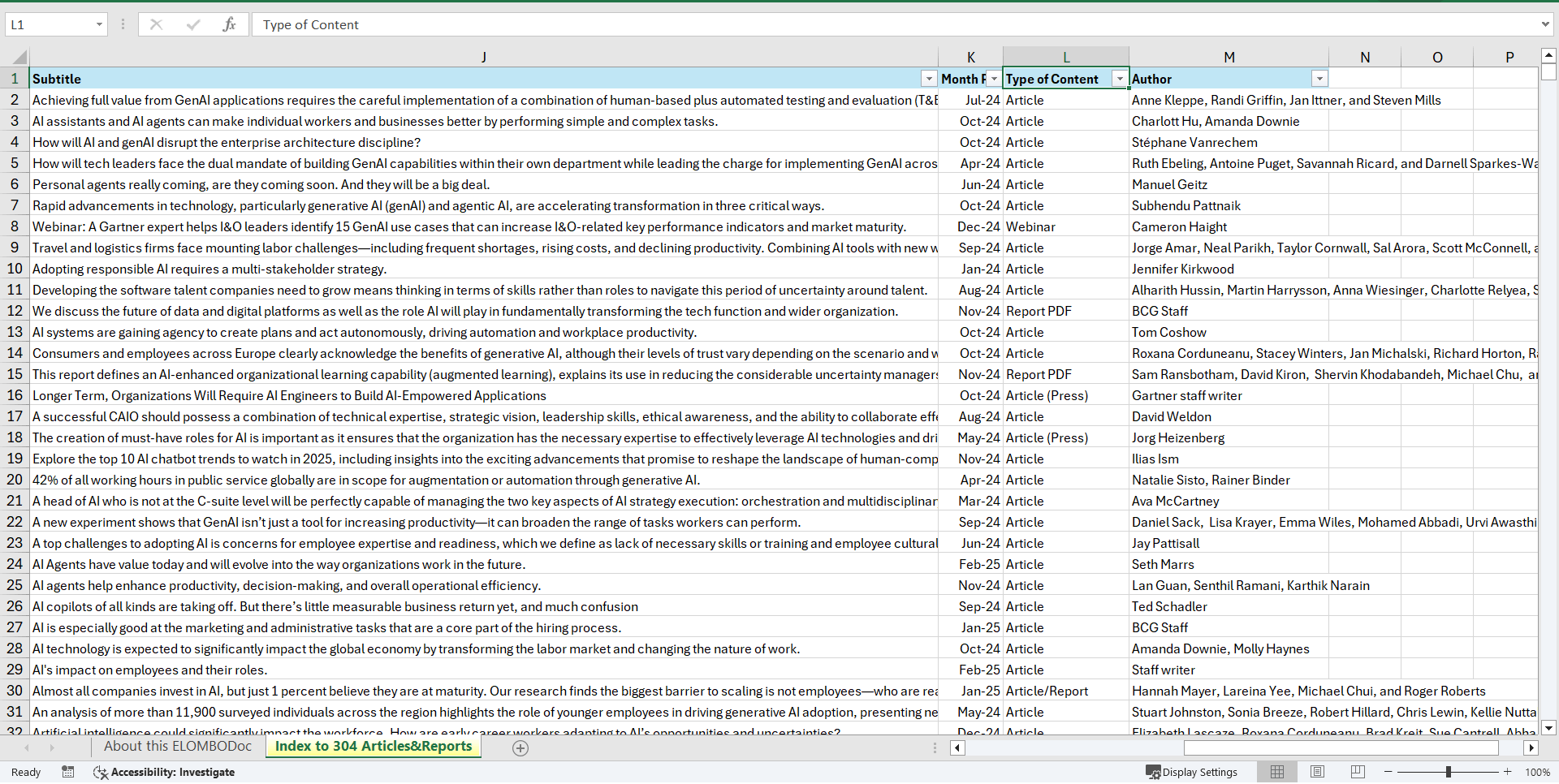 AI/GenAI for HR execs - Links to 304 Articles/Reports (Excel template (XLSX)) Preview Image