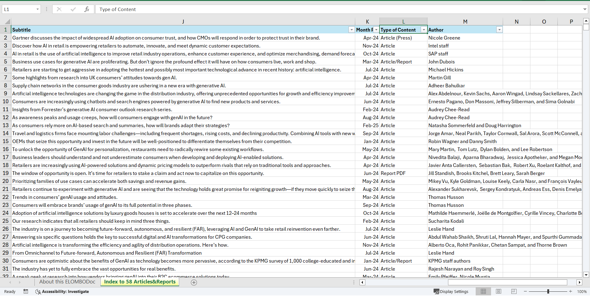 AI/GenAI in Retail/Consumer - Links to 58 Articles/PDFs (Excel template (XLSX)) Preview Image