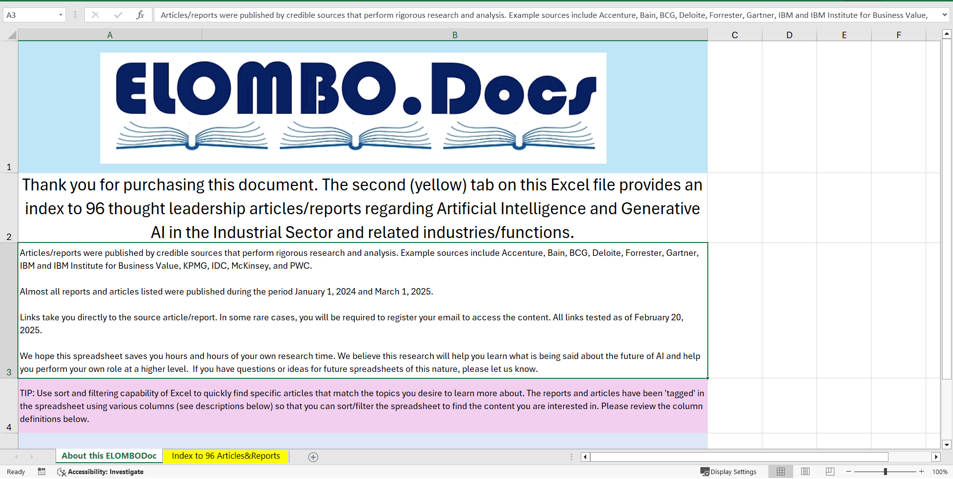 AI/GenAI in Industrial sector - Links to 96 Articles/PDFs (Excel template (XLSX)) Preview Image