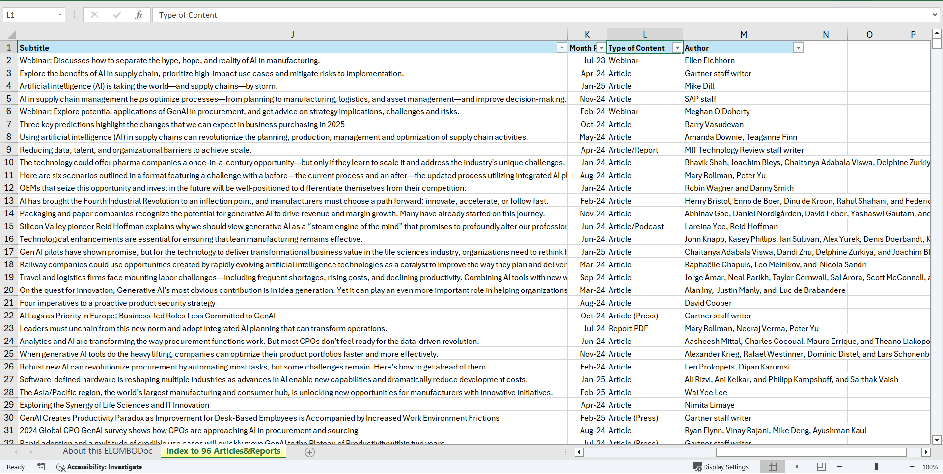 AI/GenAI in Industrial sector - Links to 96 Articles/PDFs (Excel template (XLSX)) Preview Image