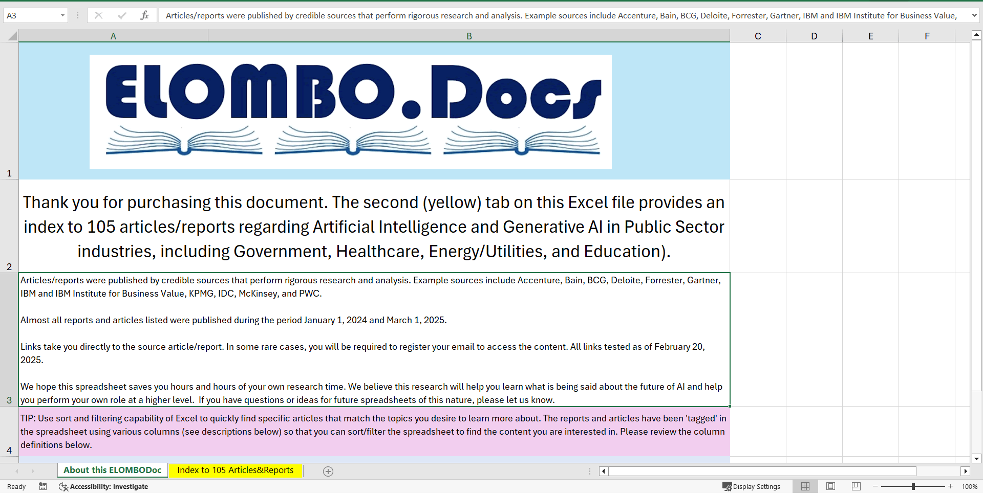 AI/GenAI in the Public Sector - Links to 105 Articles/PDFs (Excel template (XLSX)) Preview Image