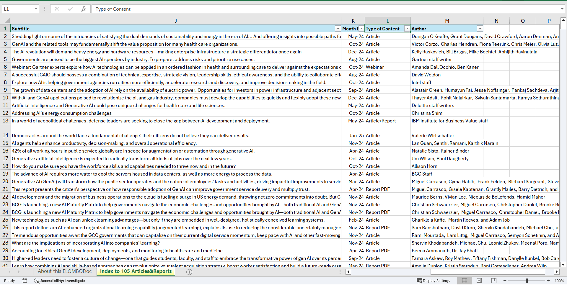 AI/GenAI in the Public Sector - Links to 105 Articles/PDFs (Excel template (XLSX)) Preview Image