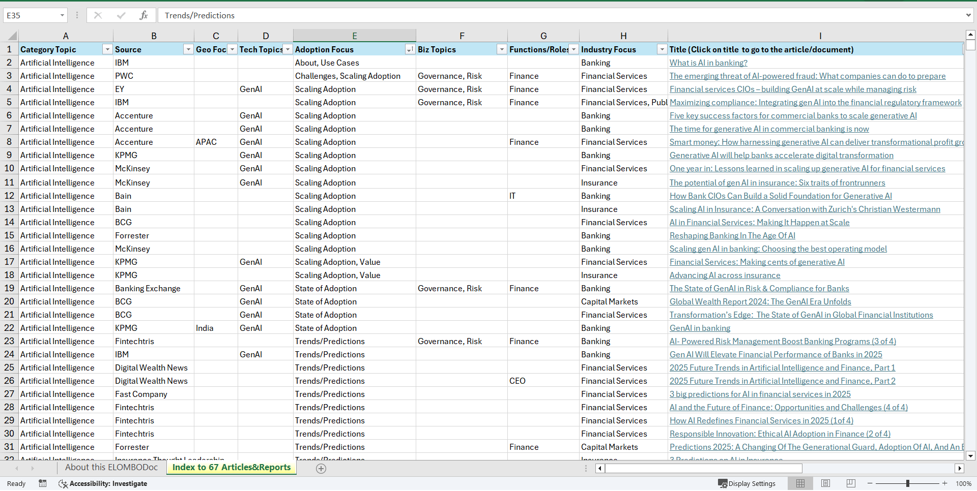 AI/GenAI in Financial Services - Links to 67 Articles/PDFs (Excel template (XLSX)) Preview Image