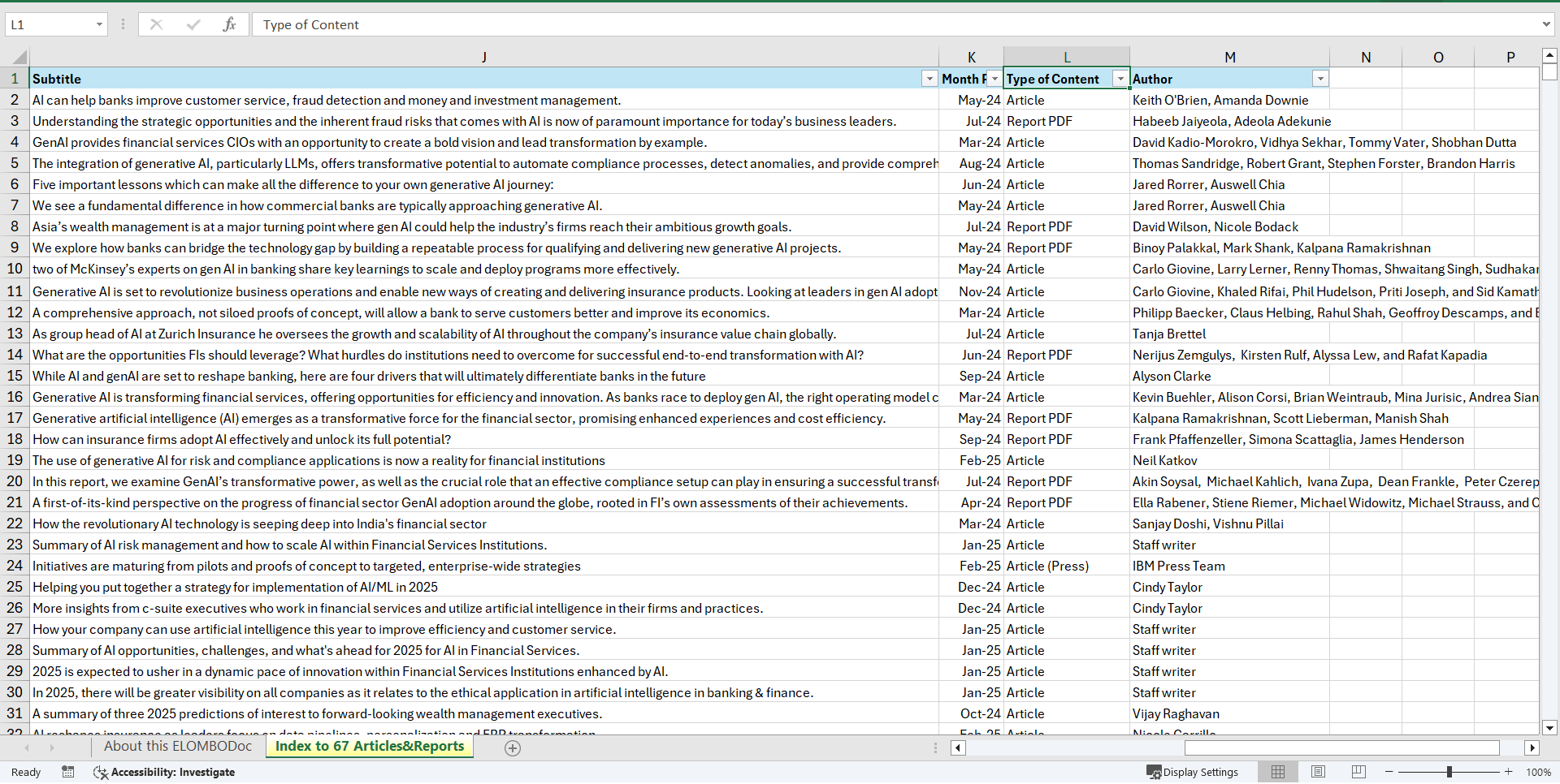 AI/GenAI in Financial Services - Links to 67 Articles/PDFs (Excel template (XLSX)) Preview Image