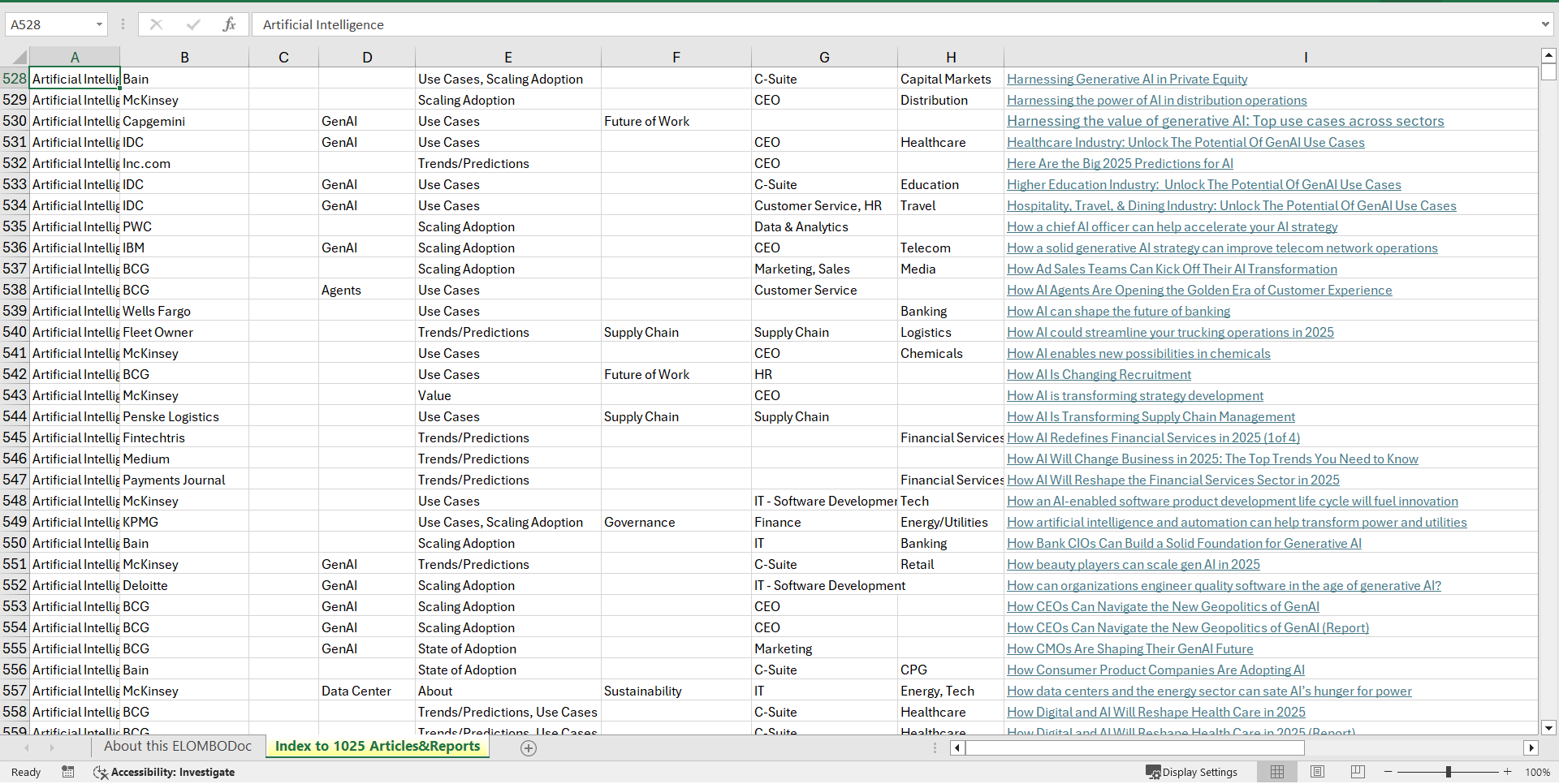 AI/GenAI - Links to 1025 Thought Leadership Articles/Reports (Excel template (XLSX)) Preview Image