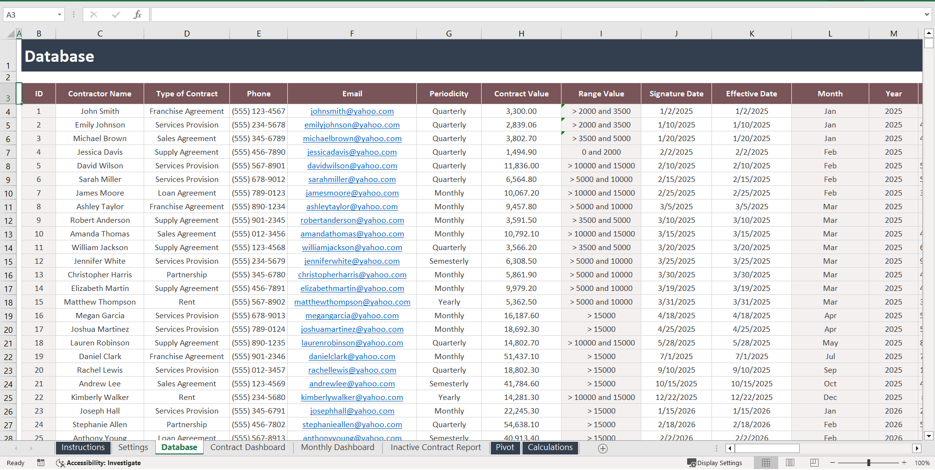 Contract Management Excel Template (Excel template (XLSX)) Preview Image