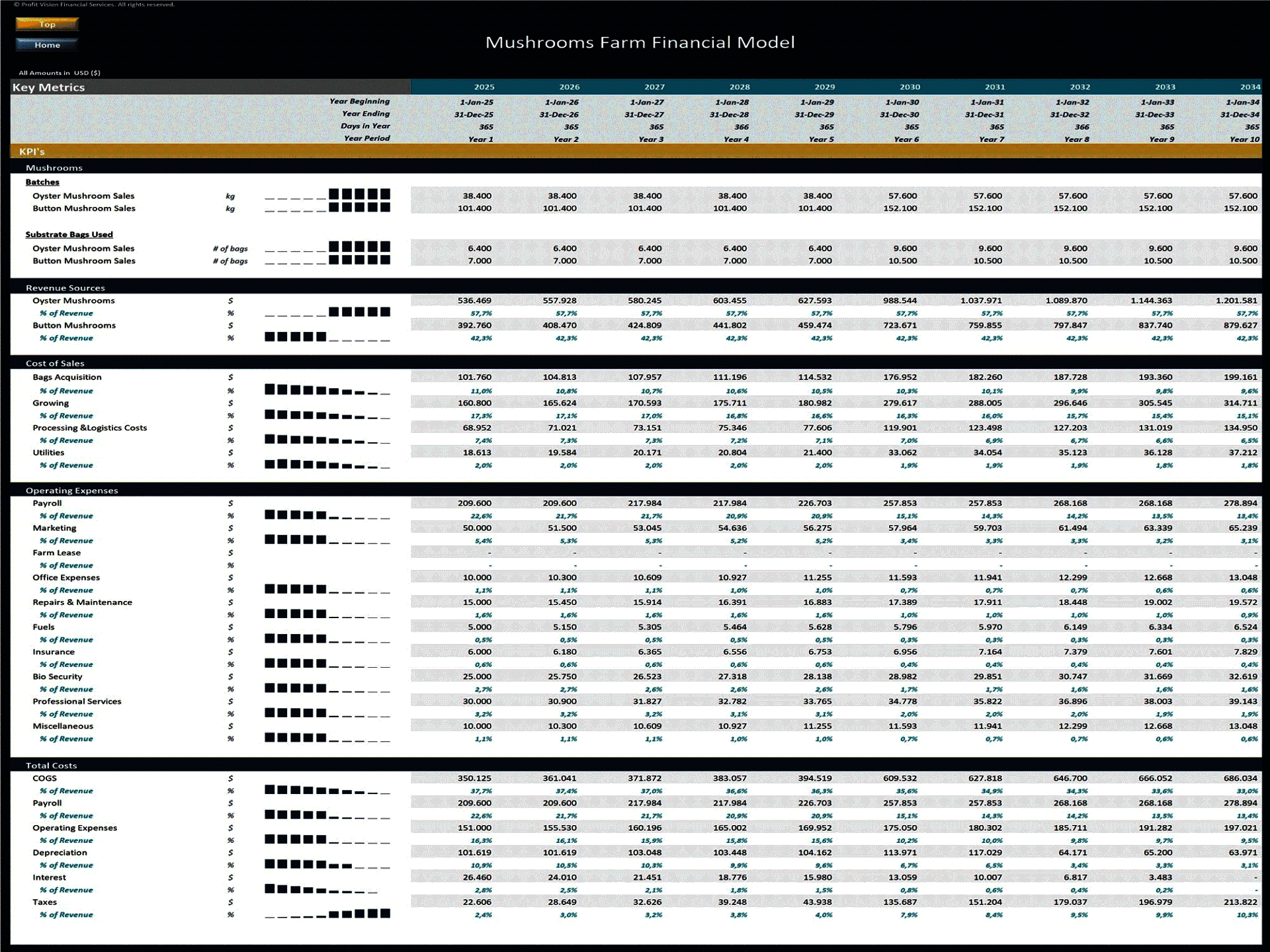 Mushroom Farm – 10 Year Financial Model (Excel template (XLSX)) Preview Image