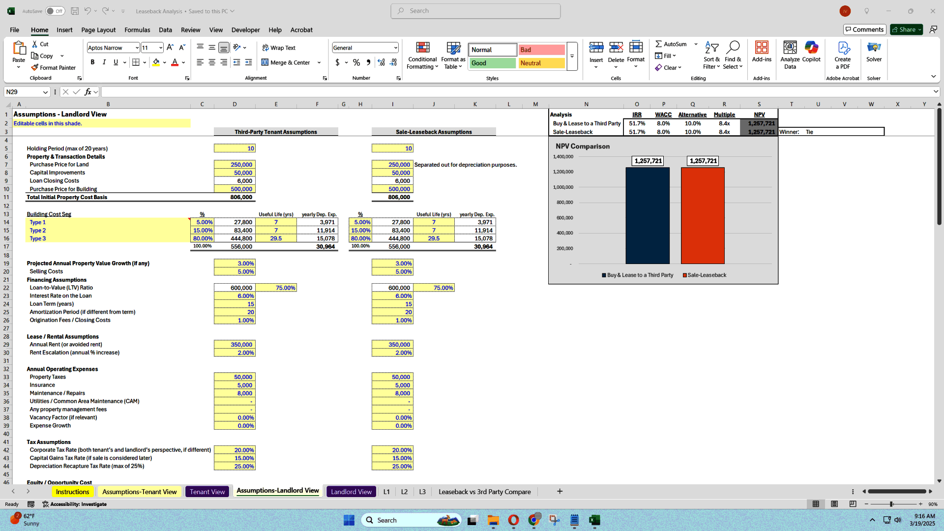 4-Scenario Real Estate Sale-Leaseback Analysis Model (Excel template (XLSX)) Preview Image
