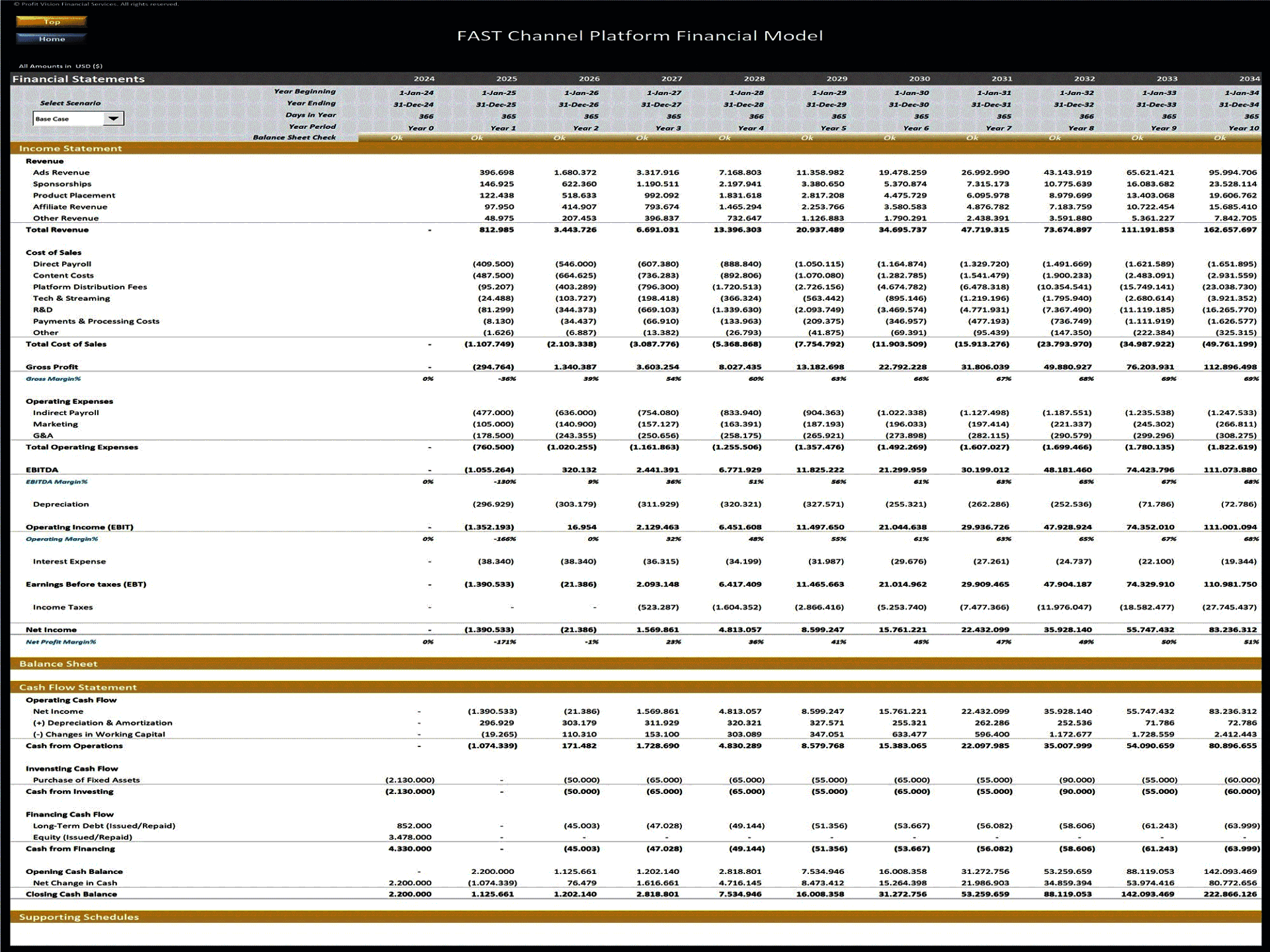 Free Ad-Supported TV (FAST) Platform – 10 Year Financial Model (Excel template (XLSX)) Preview Image