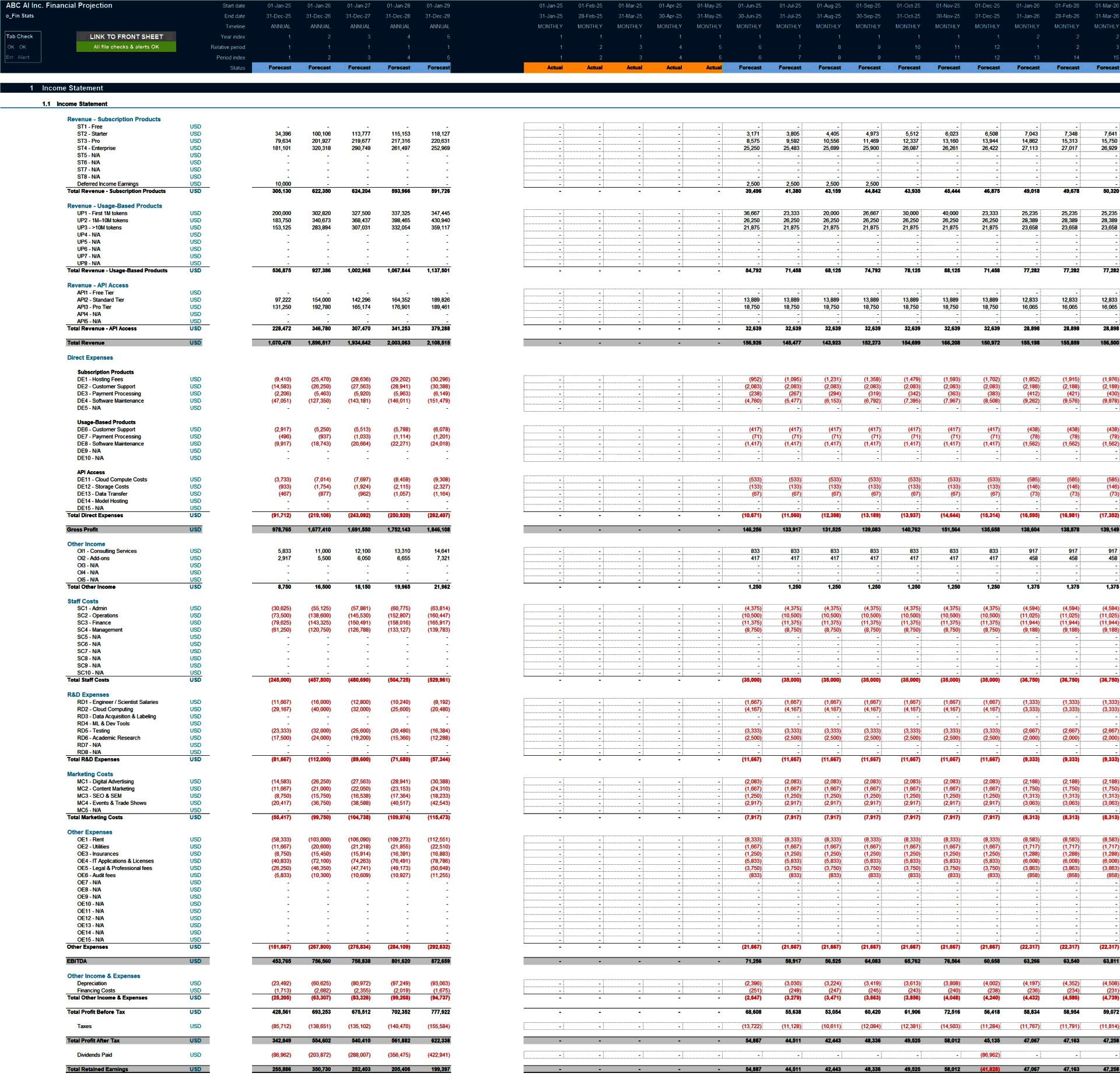 AI Platform Business 5-Year 3 Statement Financial Model (Excel template (XLSX)) Preview Image