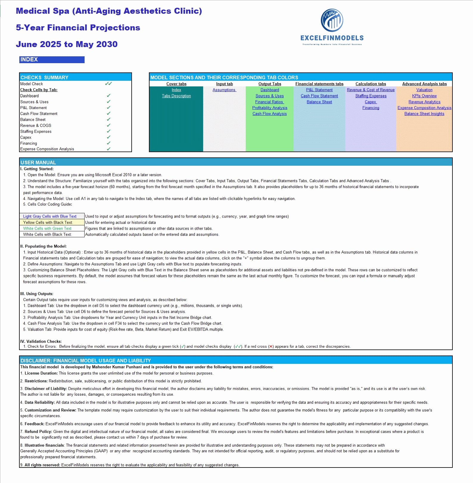Medical Spa (Anti-Aging Aesthetics Clinic) Financial Model (Excel template (XLSX)) Preview Image