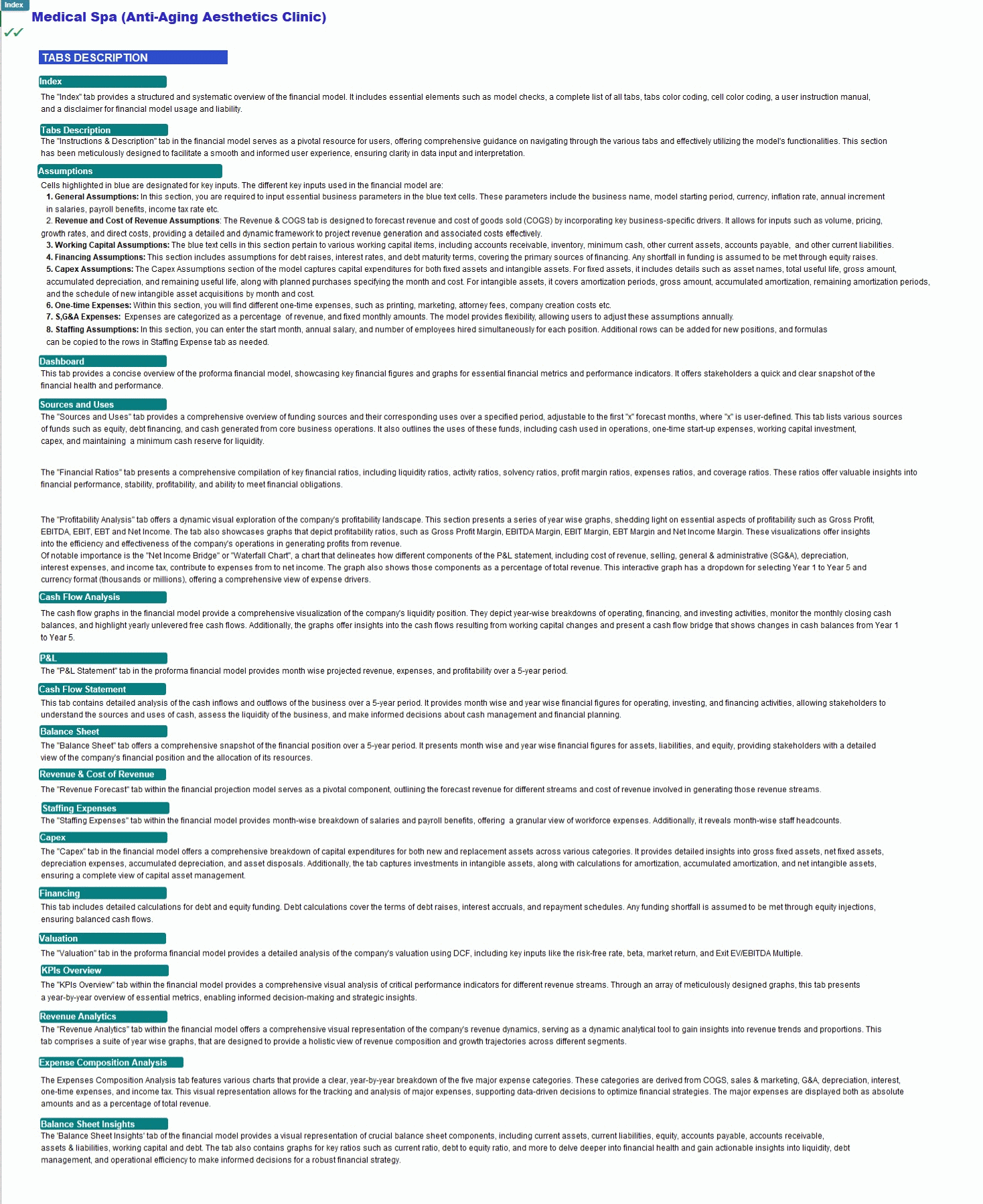 Medical Spa (Anti-Aging Aesthetics Clinic) Financial Model (Excel template (XLSX)) Preview Image