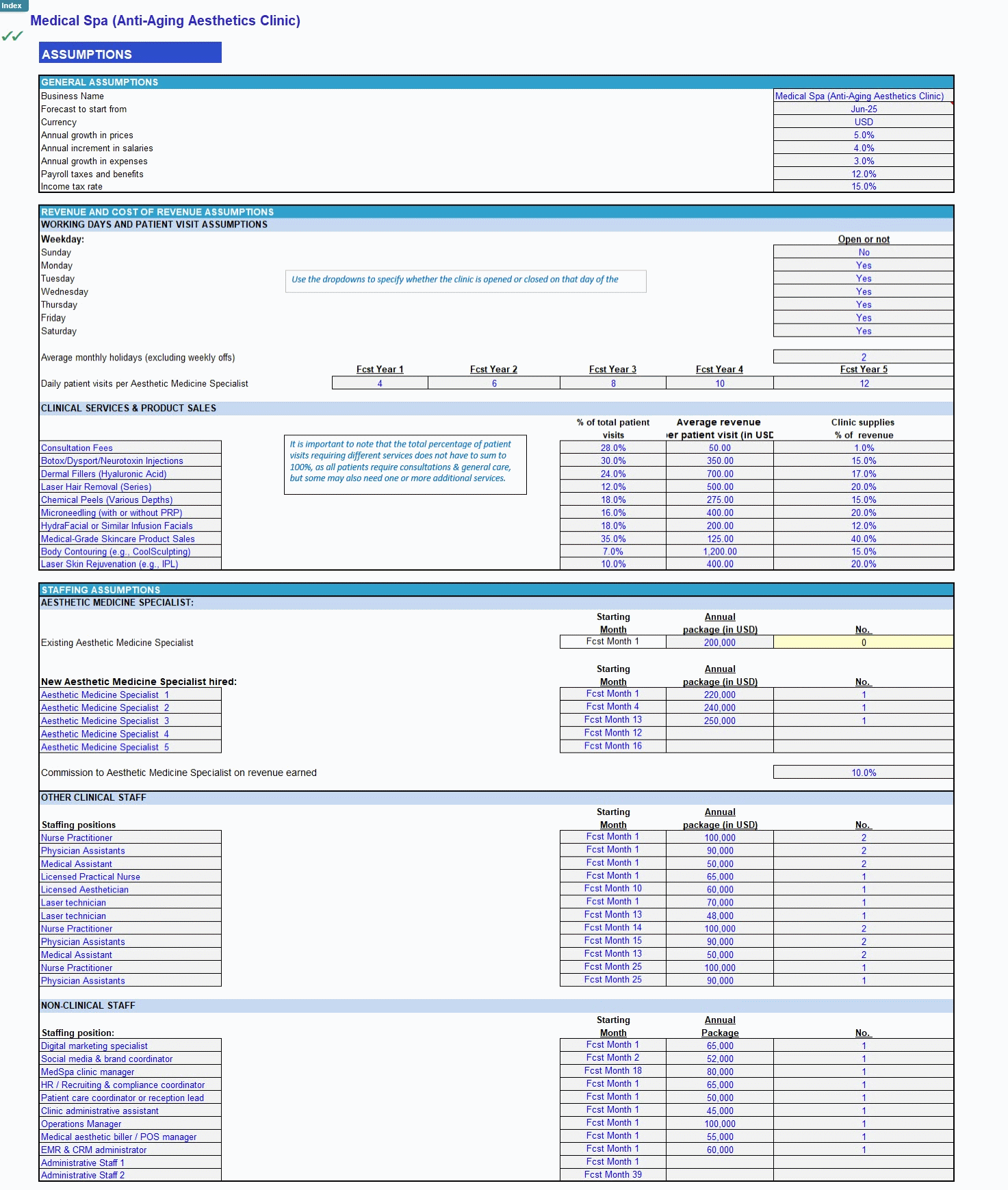 Medical Spa (Anti-Aging Aesthetics Clinic) Financial Model (Excel template (XLSX)) Preview Image