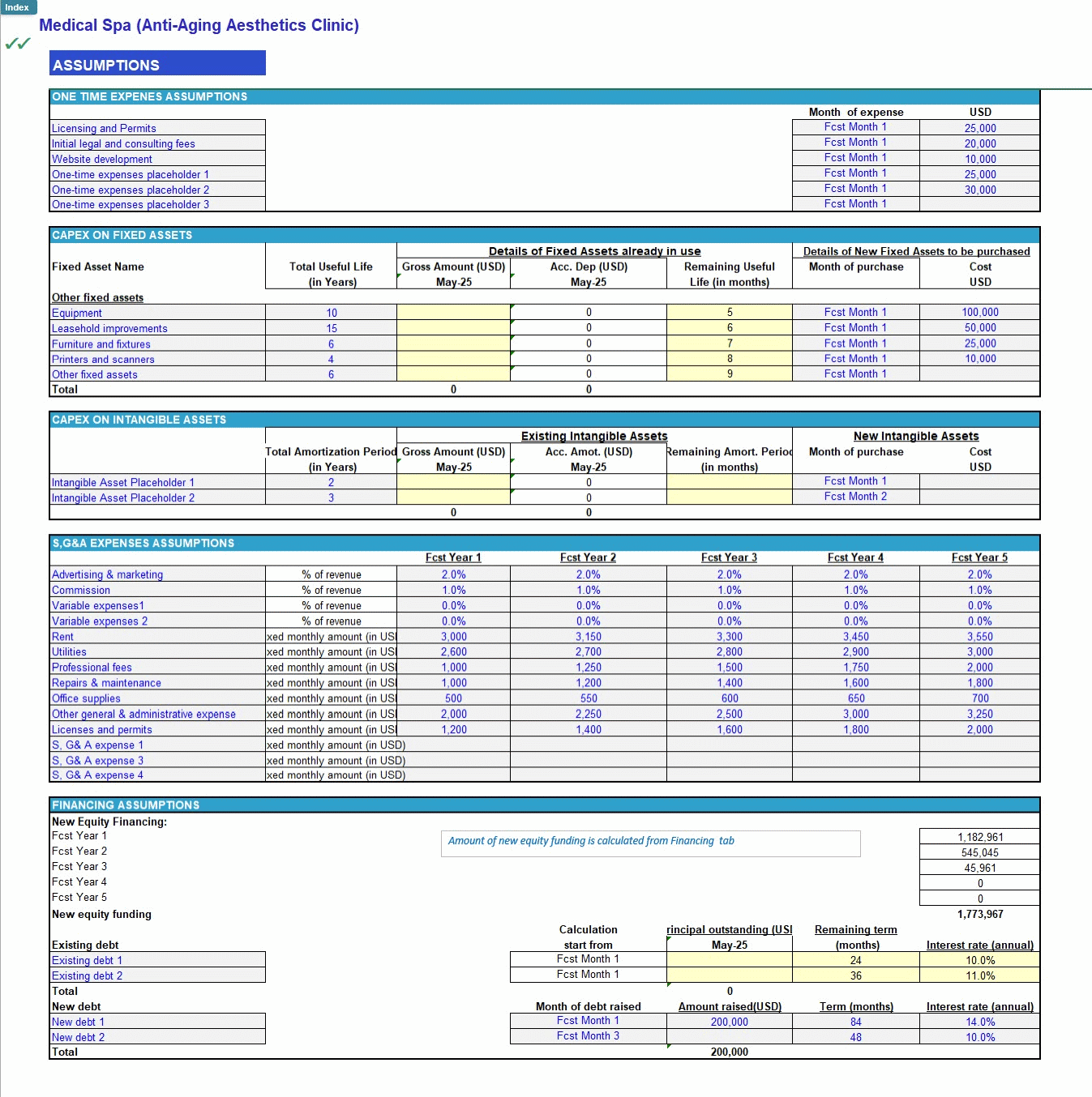 Medical Spa (Anti-Aging Aesthetics Clinic) Financial Model (Excel template (XLSX)) Preview Image