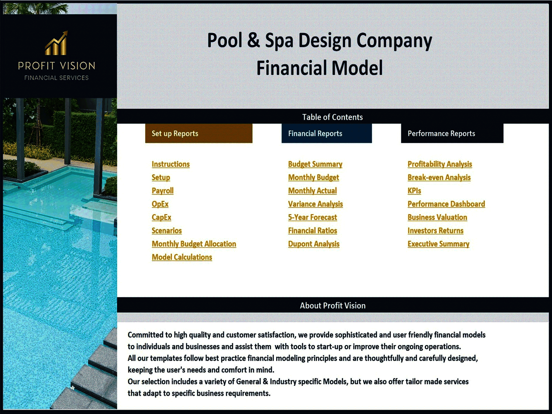 Pool & Spa Design Company – 5 Year Financial Model (Excel template (XLSX)) Preview Image