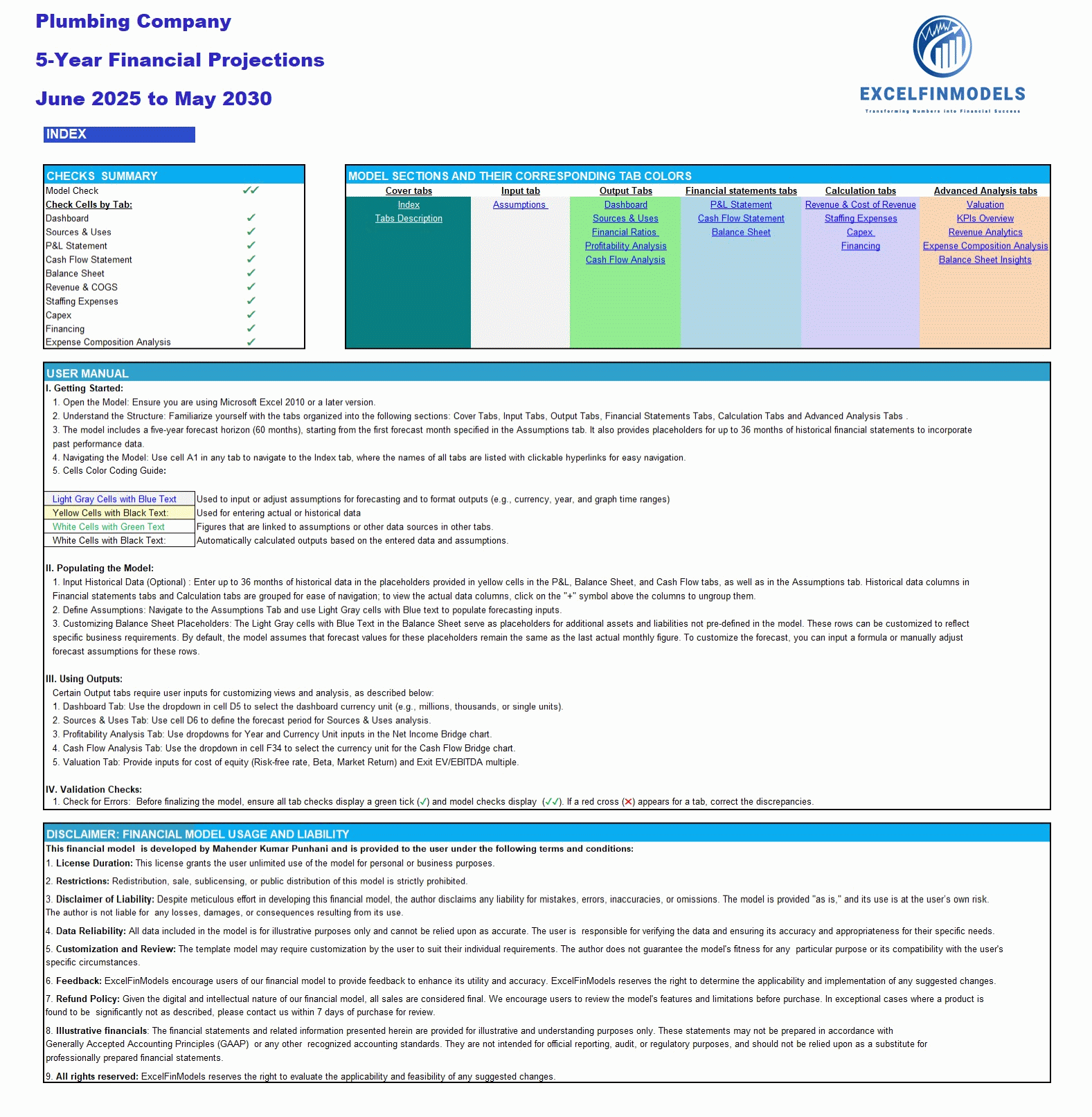 Plumbing Company 5-Year Financial Forecast Model (Excel template (XLSX)) Preview Image