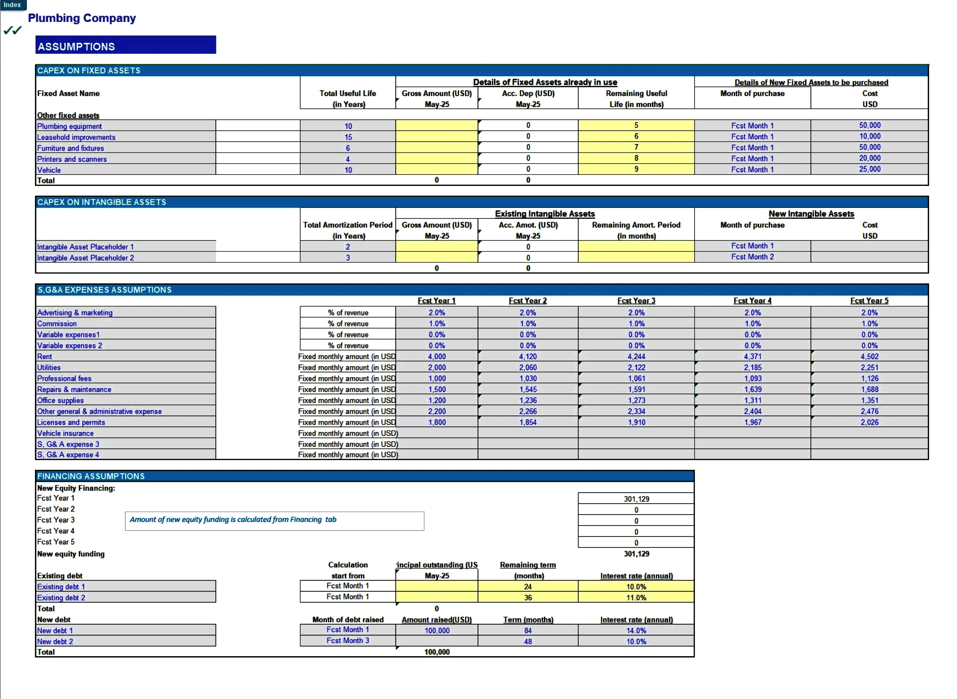Plumbing Company 5-Year Financial Forecast Model (Excel template (XLSX)) Preview Image