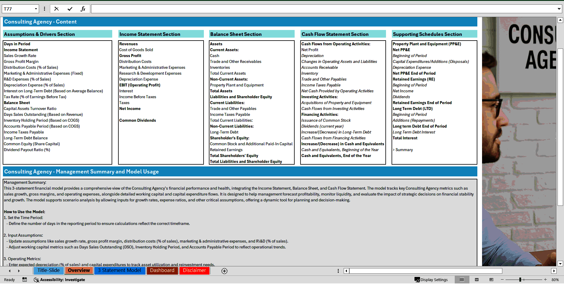 Consulting Agency 3 Statement Financial Model Template (Excel template (XLSX)) Preview Image
