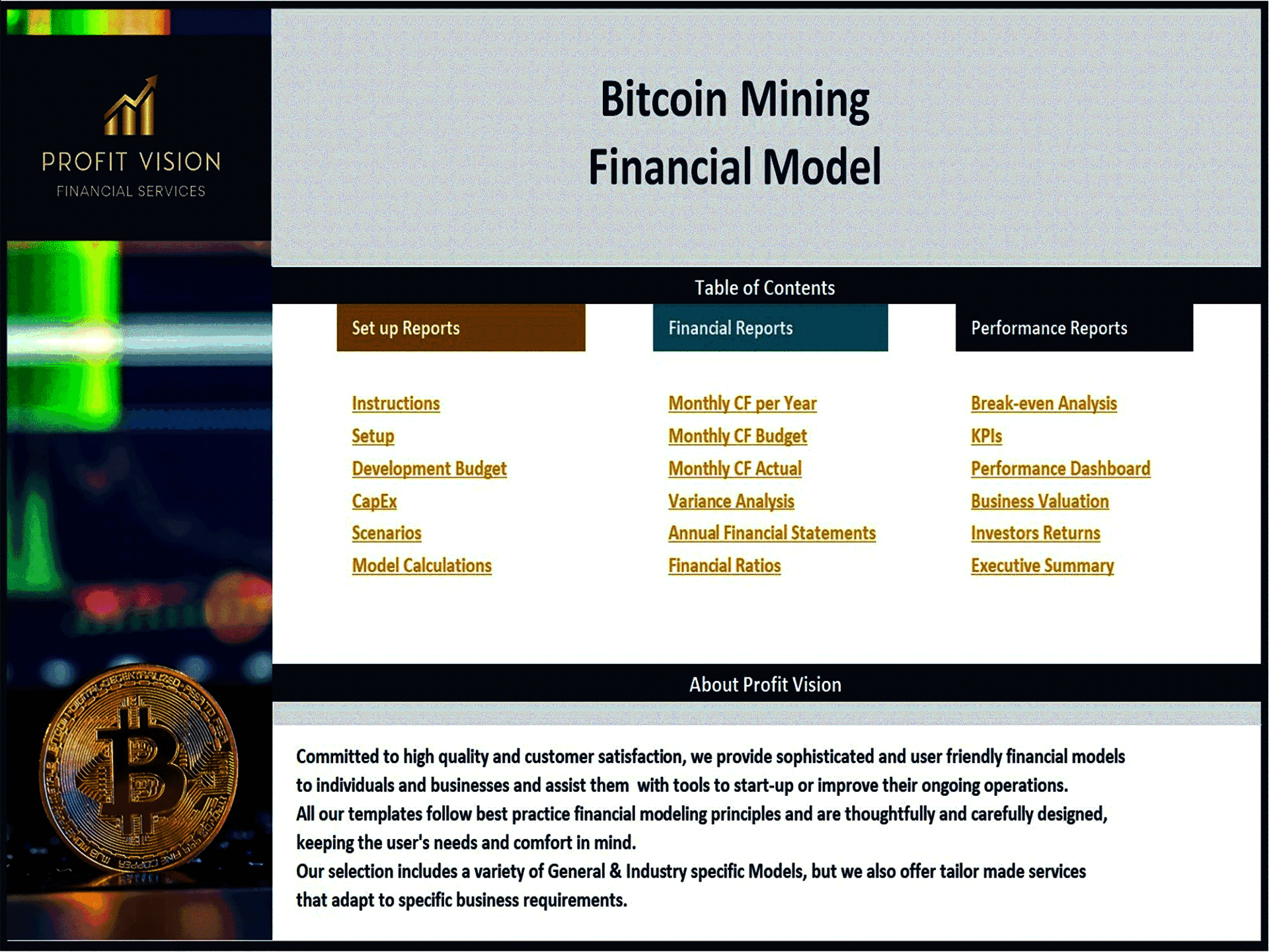 Bitcoin Mining Farm – 10 Year Financial Model (Excel template (XLSX)) Preview Image