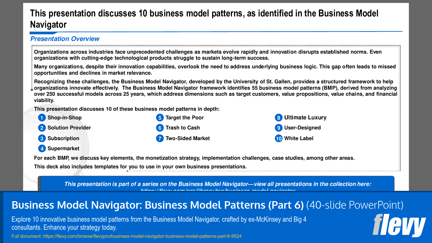 Business Model Navigator: Business Model Patterns (Part 6) (40-slide PPT PowerPoint presentation slide deck (PPTX)) Preview Image
